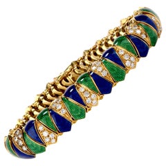 Vintage 1960s Diamond Blue and Green Enamel 18 Karat Yellow Gold Bracelet