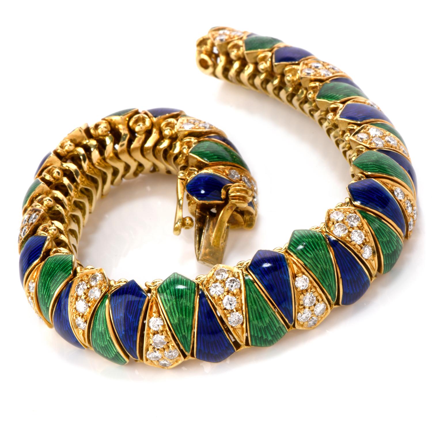 The rich bright cobalt blue and emerald green enamel hues along with the white shimmer of the diamonds in this alluring bracelet will be sure enhance your style!   This Vintage Diamond Blue & Green Enamel 18K Yellow Gold Bracelet weighs at an