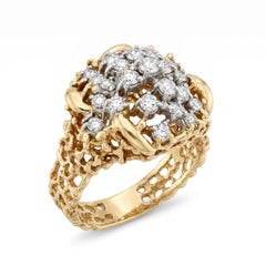 Vintage 1960s Diamond Cluster Gold Open Nugget Ring Estate Fine Jewelry