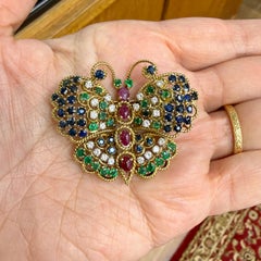 Vintage 1960's Diamond Emerald and Ruby Butterfly Brooch 14k Yellow Gold