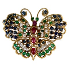 Vintage 1960's Diamond Emerald and Ruby Butterfly Brooch 14k Yellow Gold