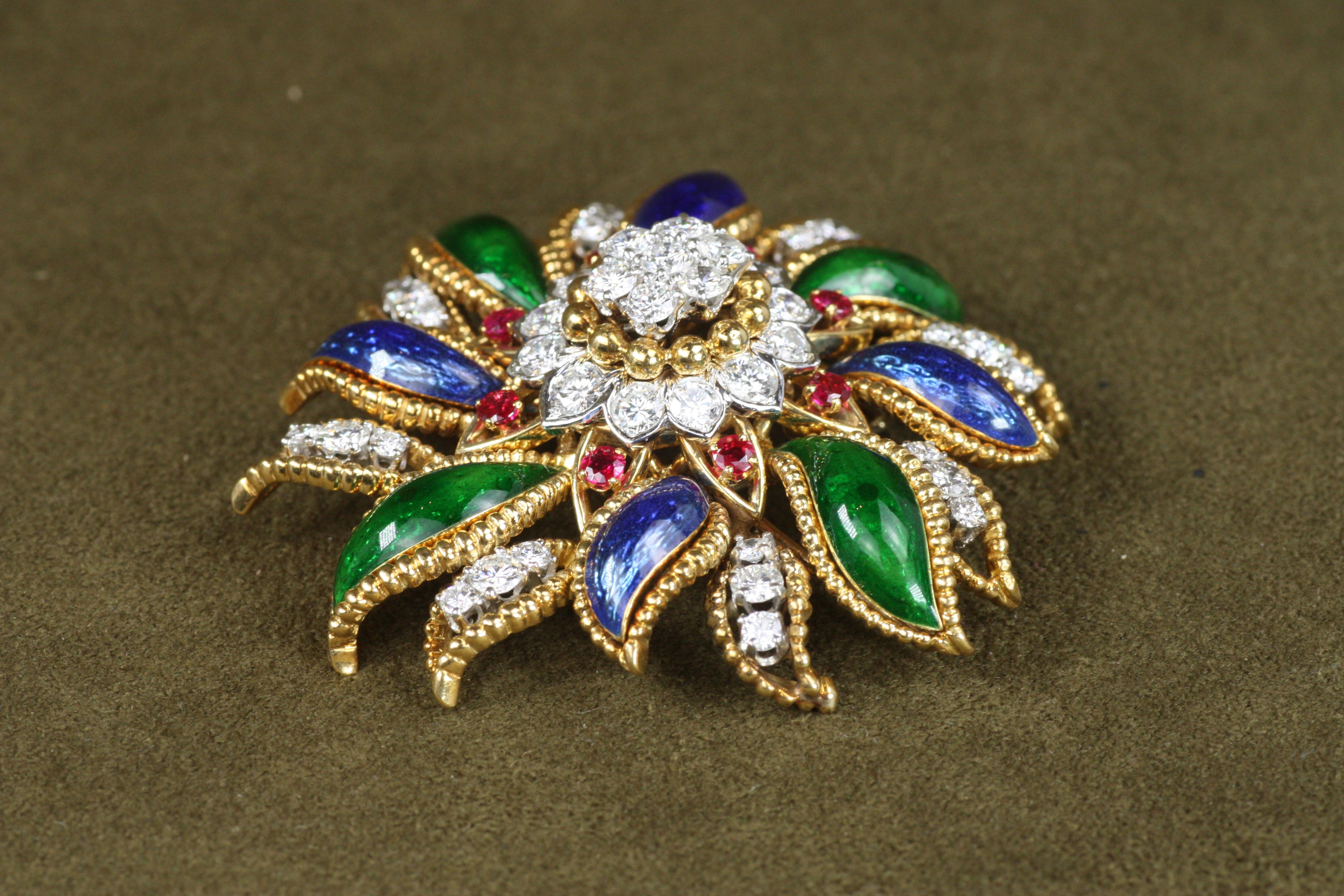 Round Cut Vintage 1960s Diamond, Ruby, Enamel David Webb Floral Brooch For Sale