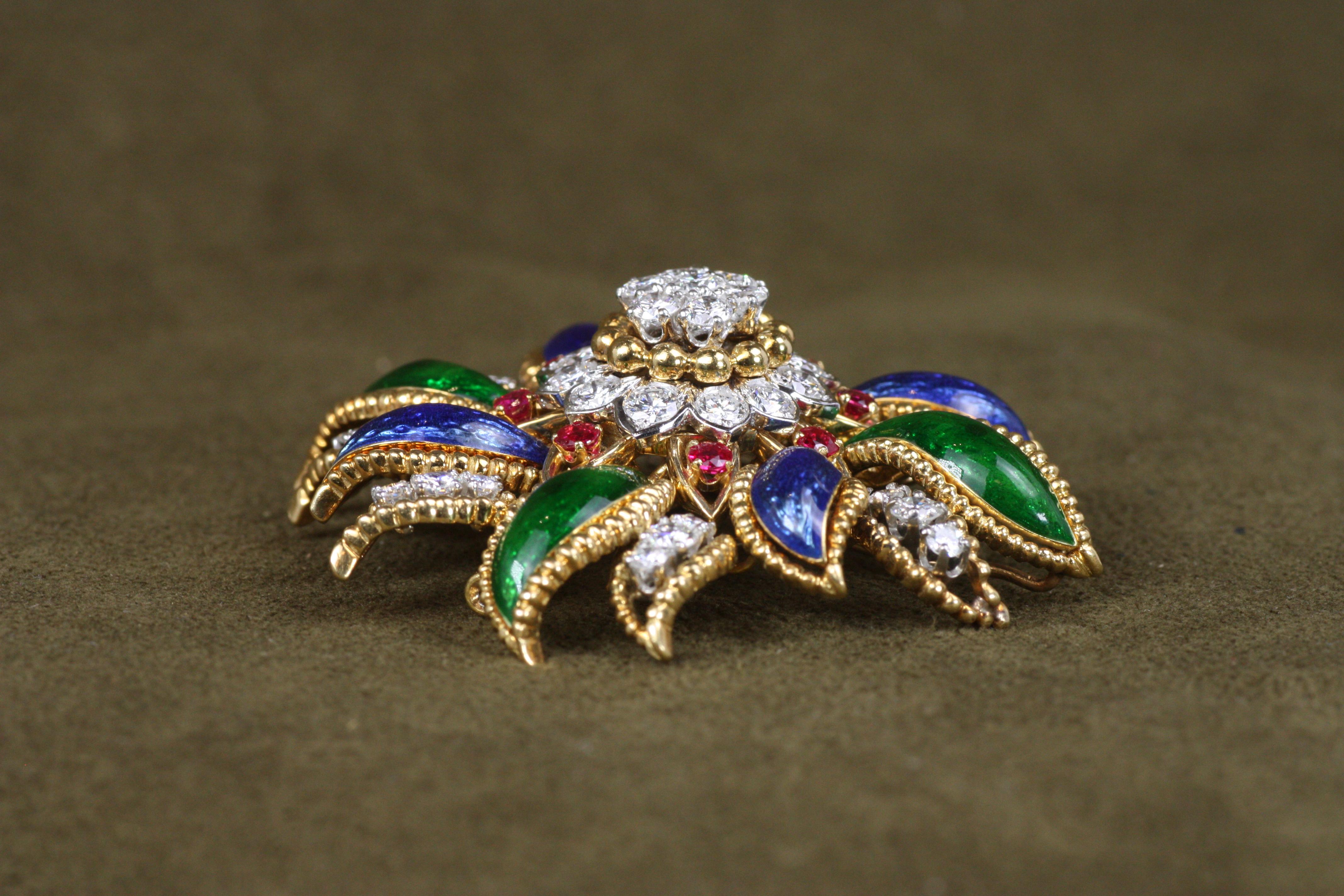 Vintage 1960s Diamond, Ruby, Enamel David Webb Floral Brooch In Good Condition For Sale In Santa Monica, CA