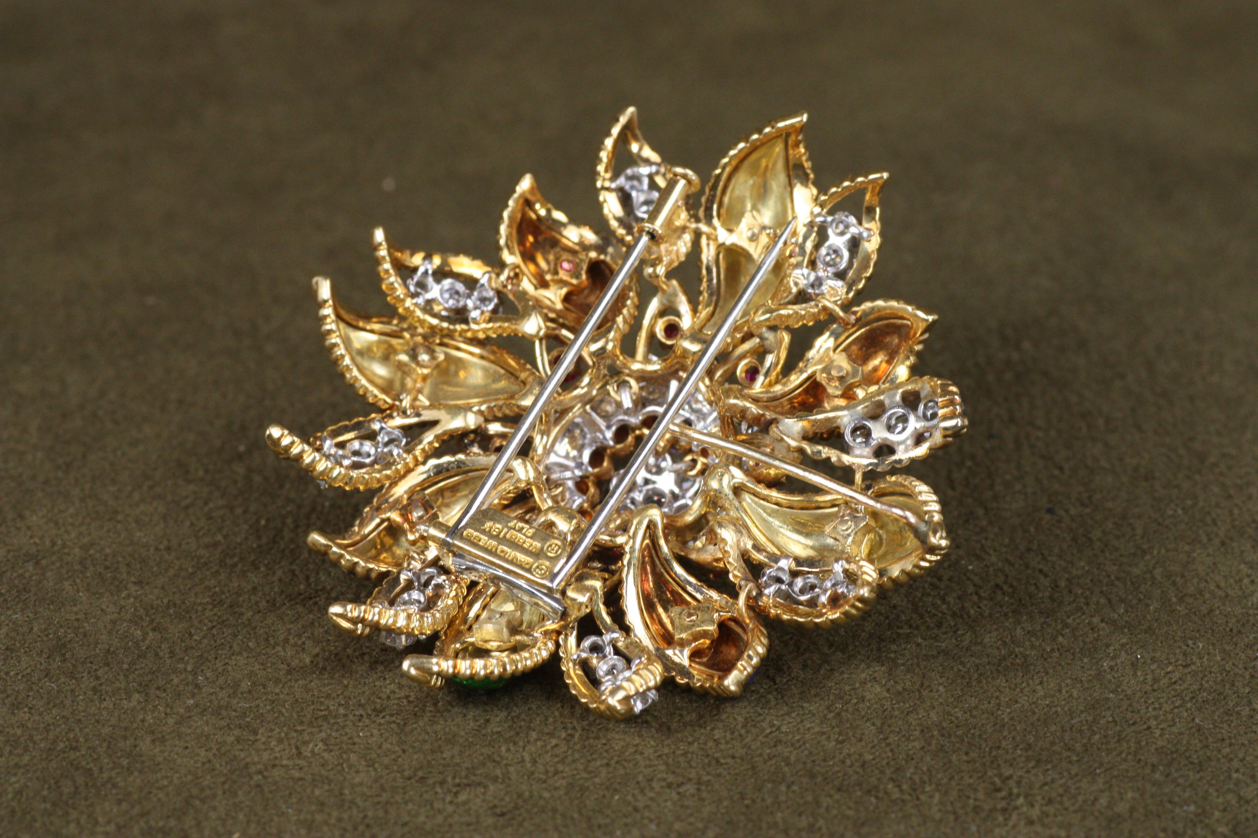 Women's or Men's Vintage 1960s Diamond, Ruby, Enamel David Webb Floral Brooch For Sale