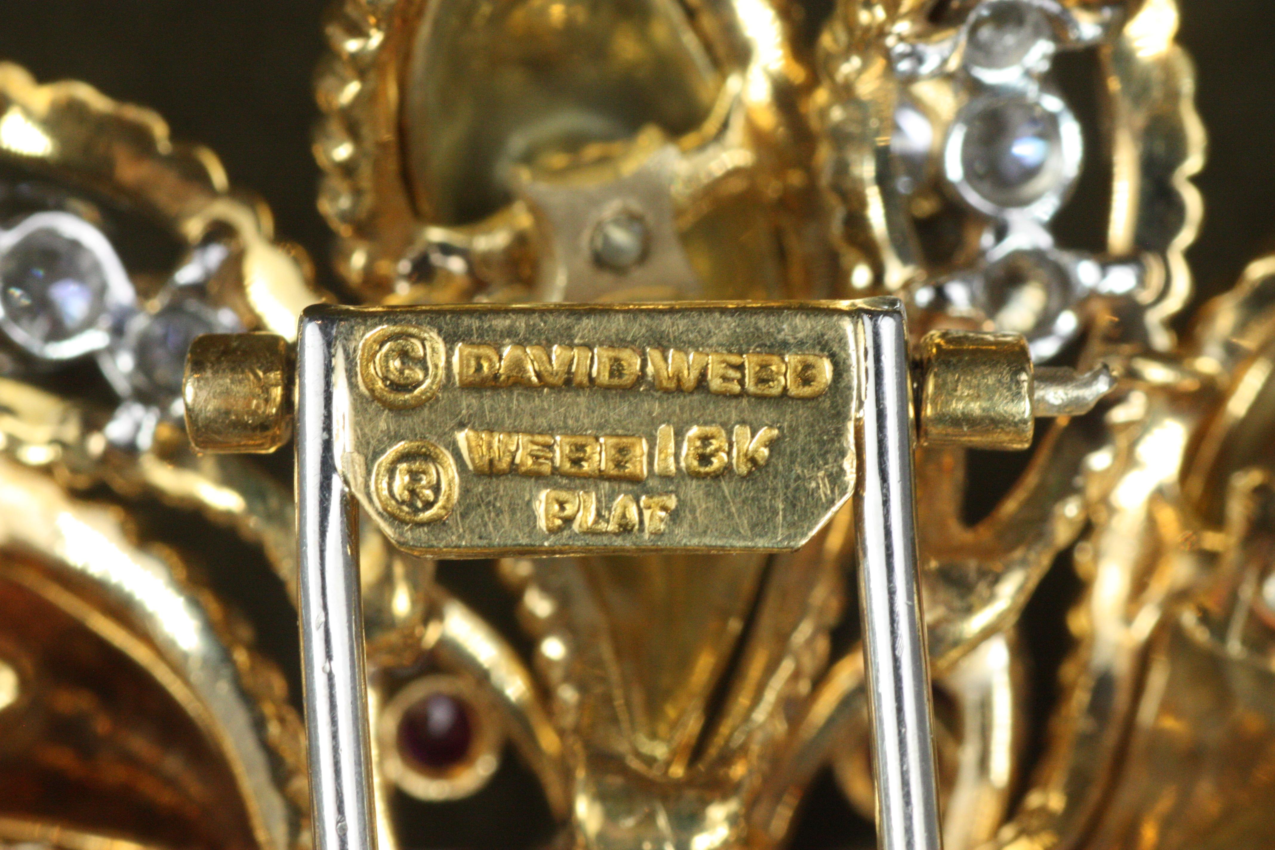 Vintage 1960s Diamond, Ruby, Enamel David Webb Floral Brooch For Sale 1