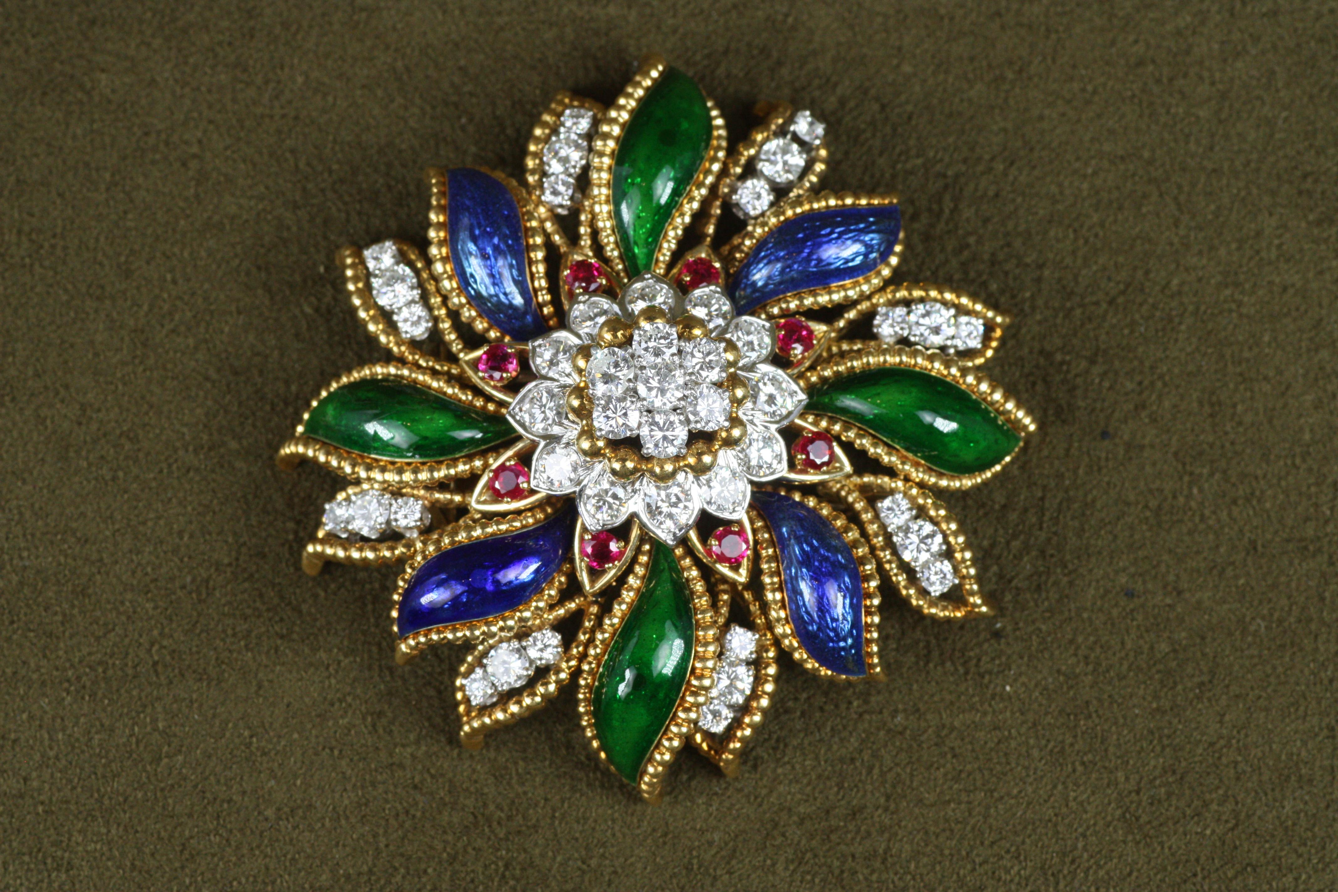 Vintage 1960s Diamond, Ruby, Enamel David Webb Floral Brooch For Sale 2