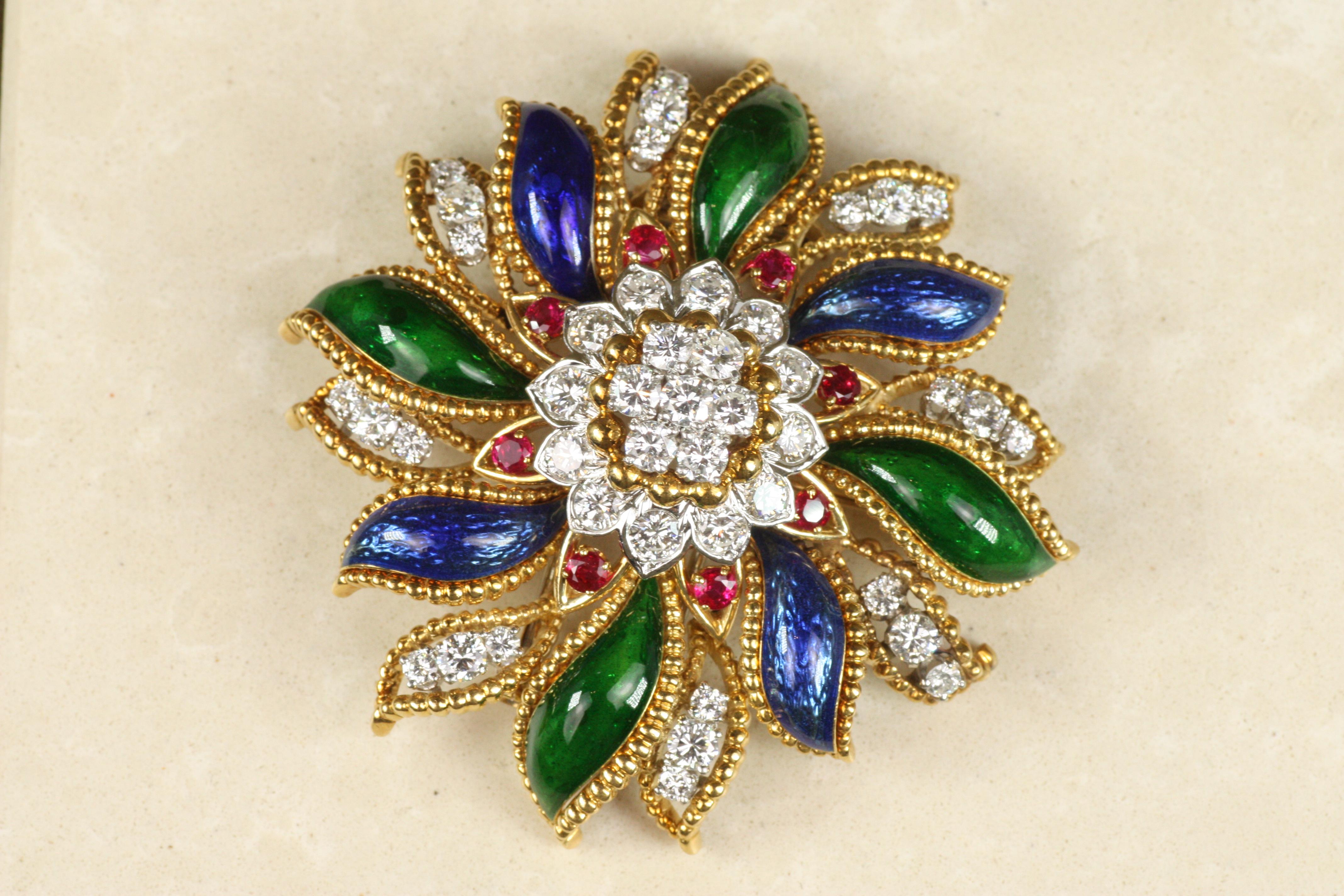 Vintage 1960s Diamond, Ruby, Enamel David Webb Floral Brooch For Sale 3