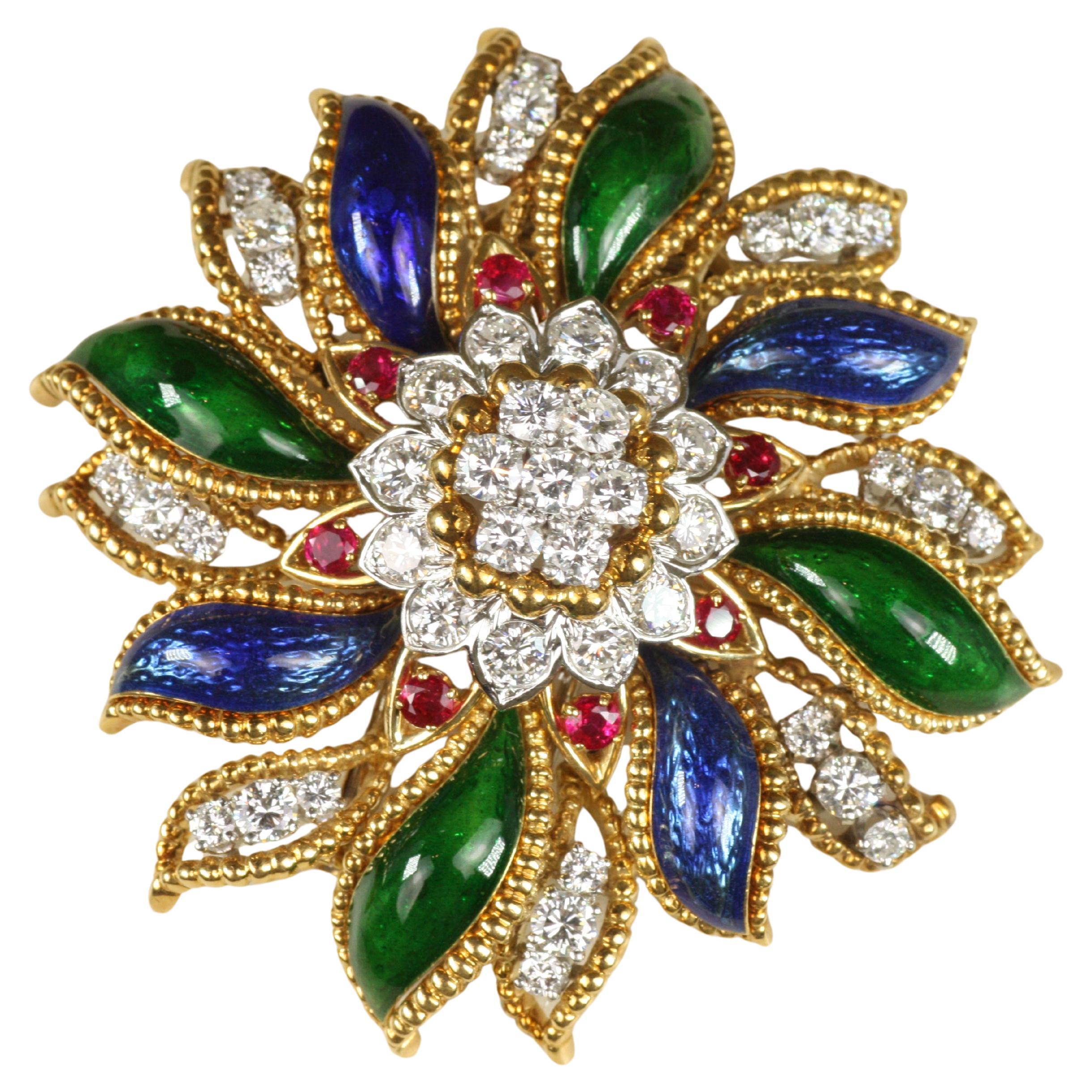 Vintage 1960s Diamond, Ruby, Enamel David Webb Floral Brooch For Sale
