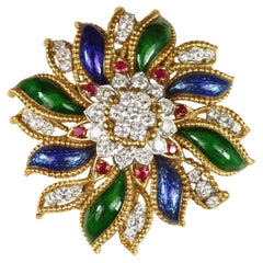 Spilla floreale David Webb vintage 1960 con diamanti, rubini e smalto