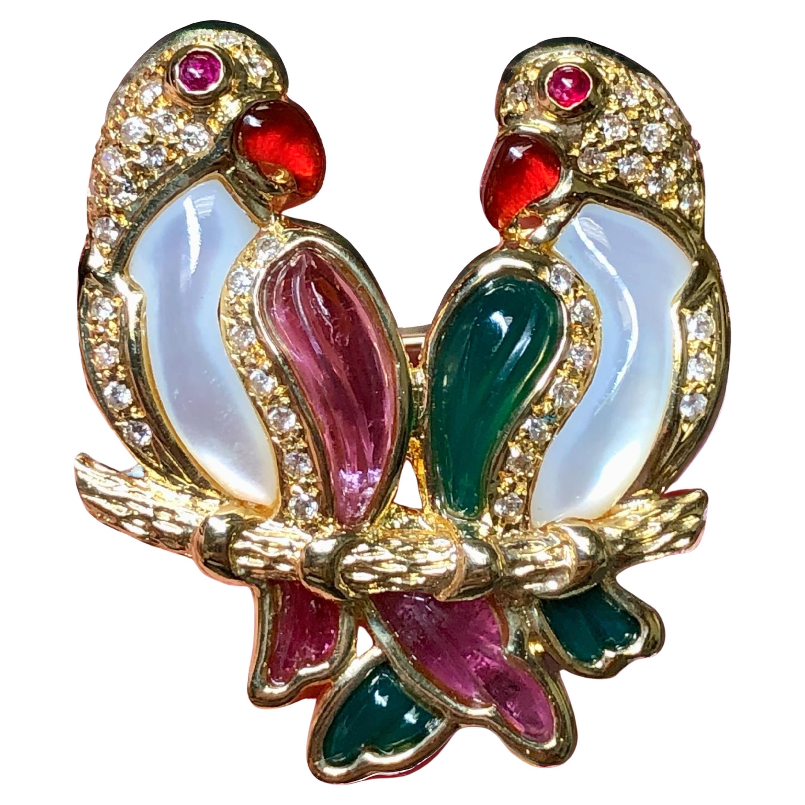 Vintage 1960’s Diamond Tourmaline Chrysoprase Ruby Parrot Bird Brooch Pendant