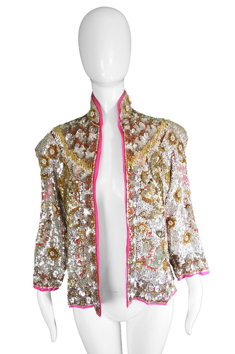 Vintage 1960s 'Dragon and Phoenix' Heavily Hand Beaded Silver Sequin