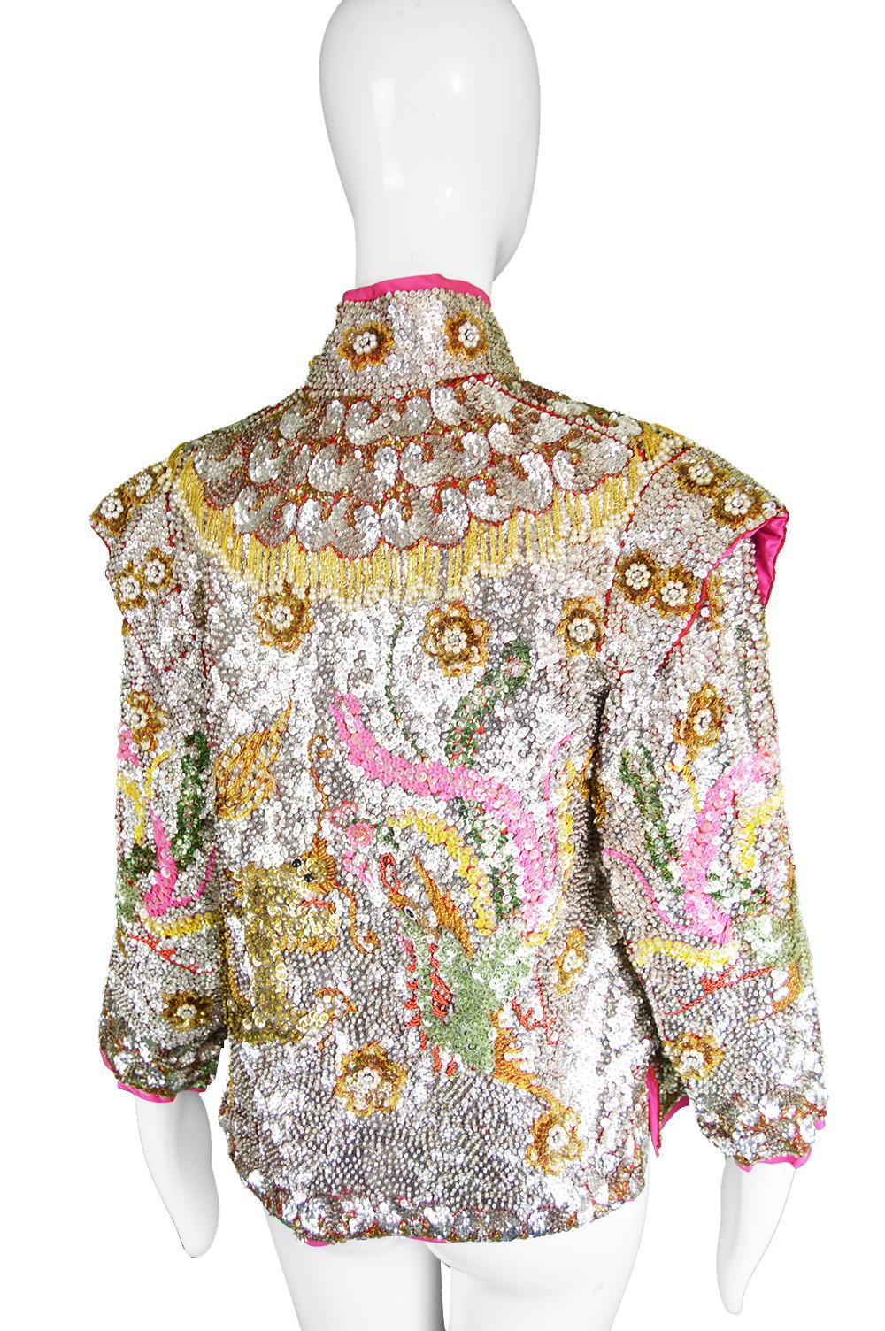 Women's Vintage 1960s 'Dragon & Phoenix' Heavily Hand Beaded Silver Sequin Nehru Jacket