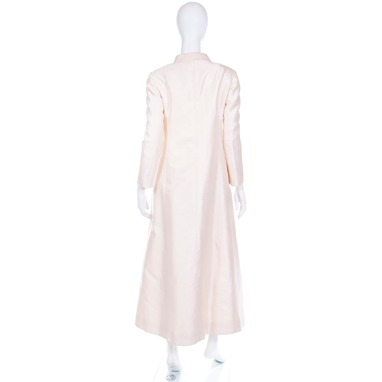 Gray Vintage 1960s Dynasty Ivory Silk Evening Coat w Beaded Buttons For Sale