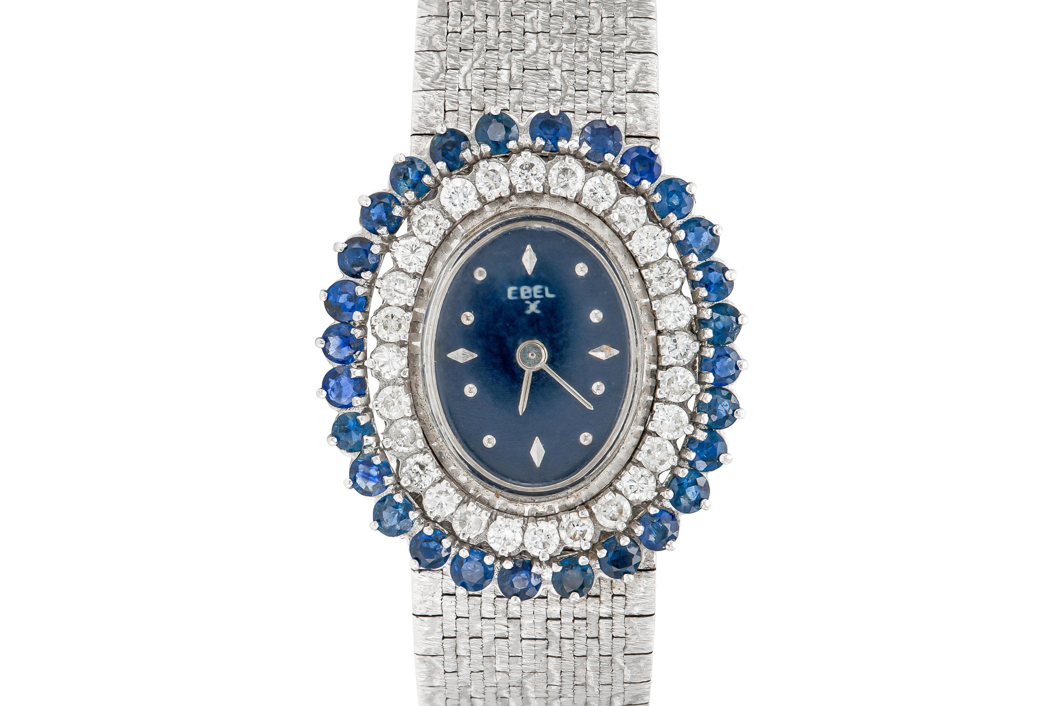 Finely crafted in 18k white gold with Round Brilliant cut Diamonds weighing approximately a total of 1.40 carats and Round cut Sapphires weighing approximately a total of 3.00 carats.
Signed by Ebel
Circa 1960s
26mm face
Size 6 inches