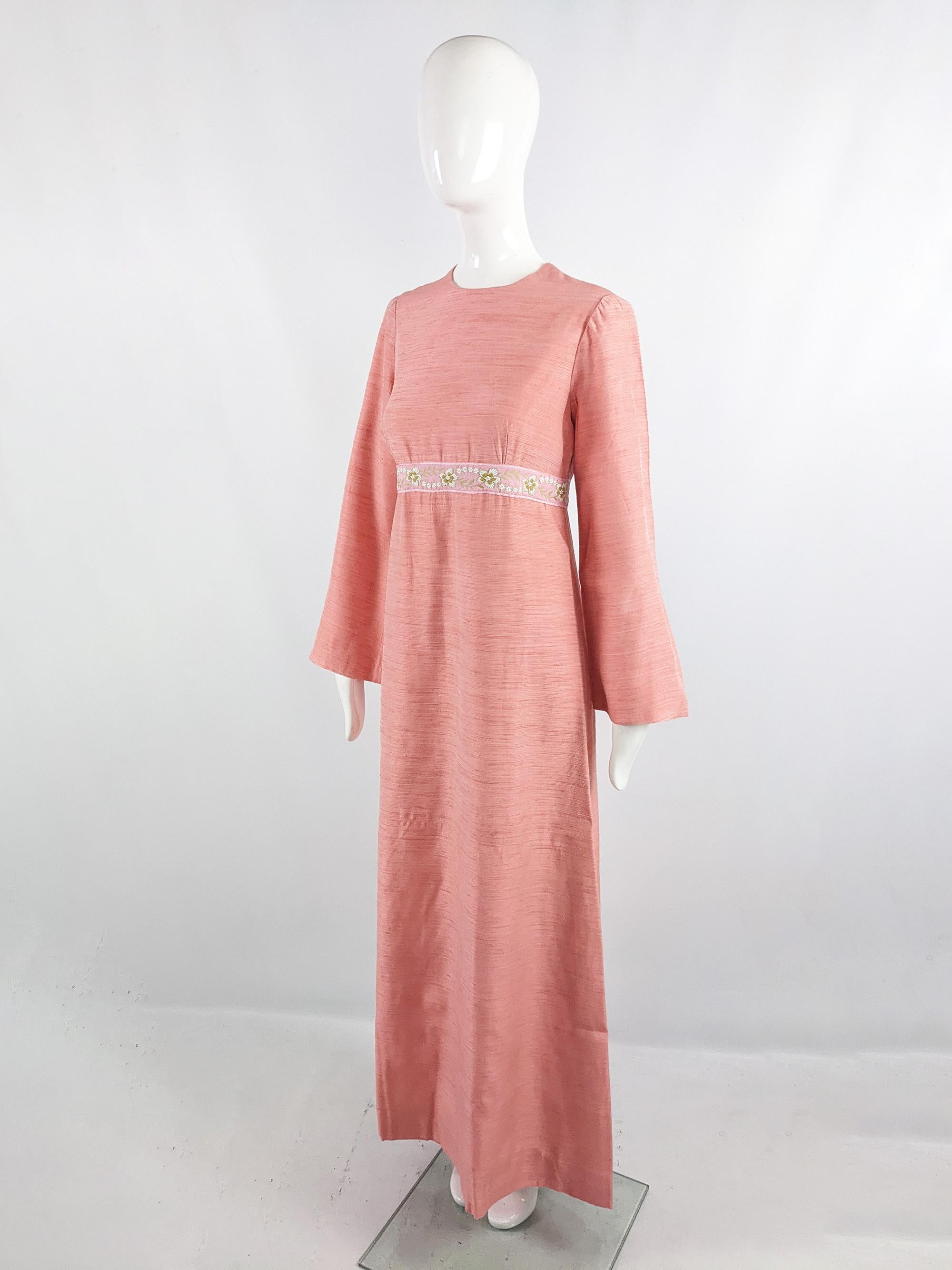 Pink Vintage 1960s Embroidered Peach Raw Slub Silk Wide Cut Long Sleeve Maxi Dress For Sale