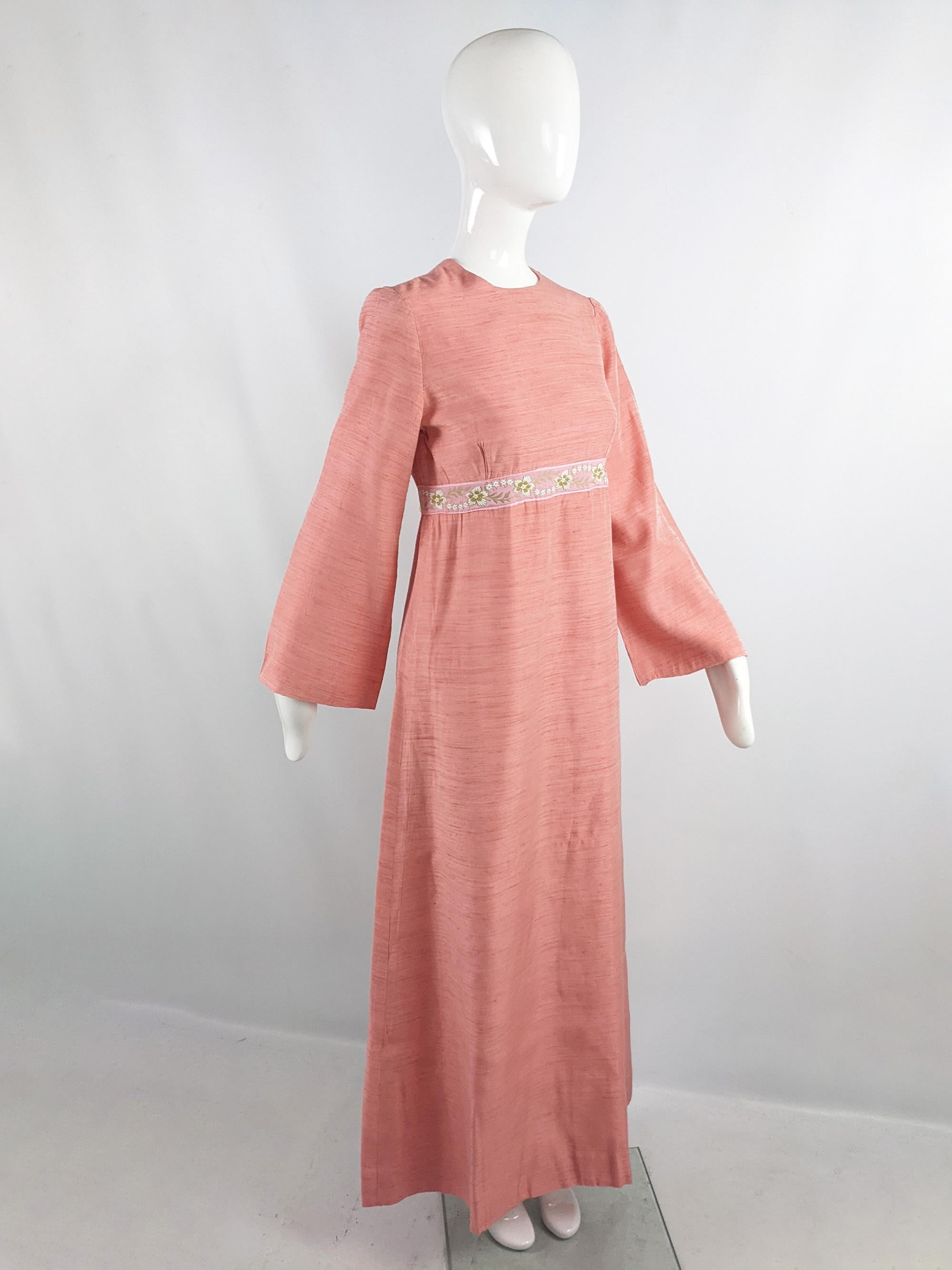 Women's Vintage 1960s Embroidered Peach Raw Slub Silk Wide Cut Long Sleeve Maxi Dress For Sale