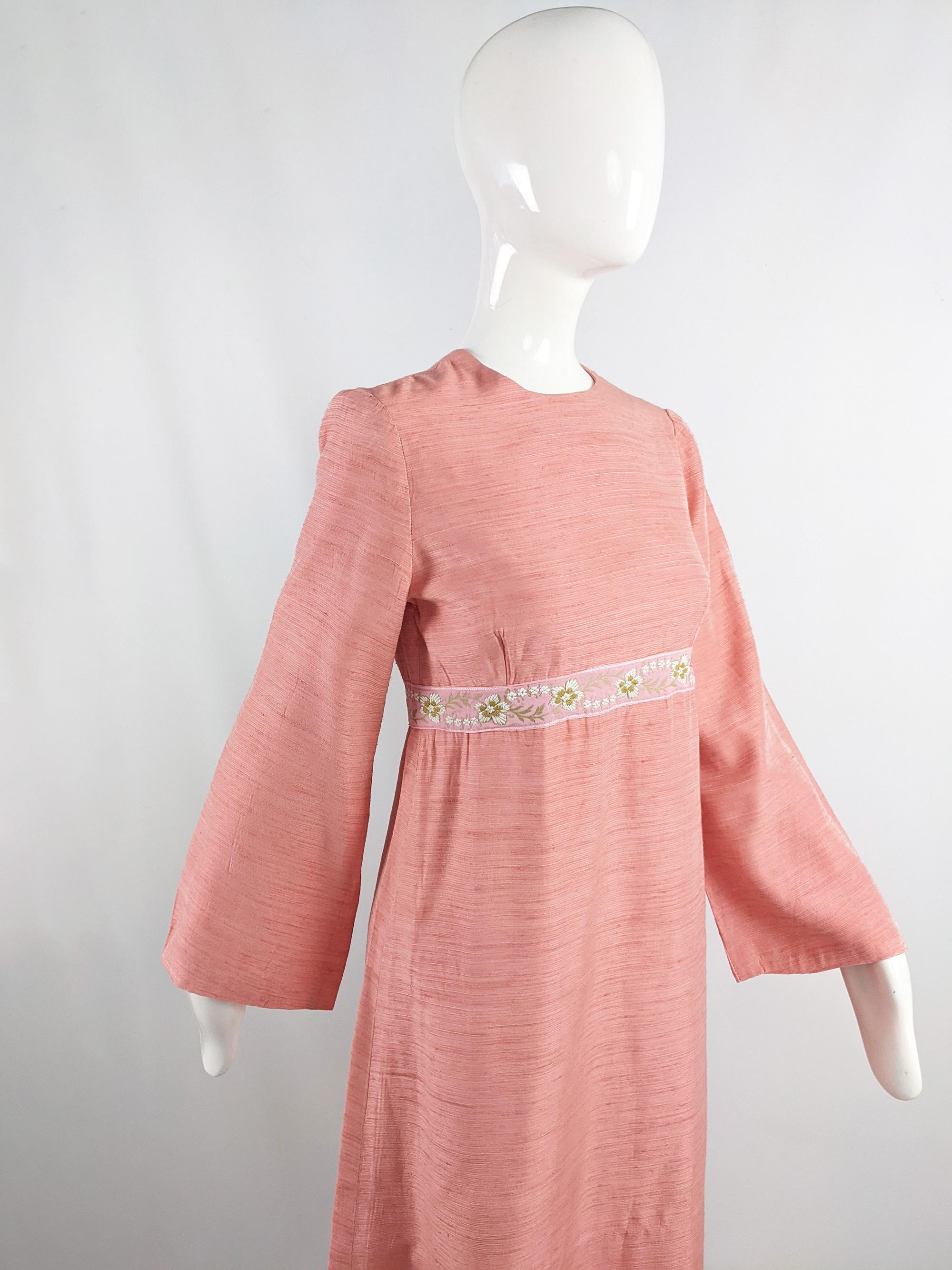 Vintage 1960s Embroidered Peach Raw Slub Silk Wide Cut Long Sleeve Maxi Dress For Sale 1