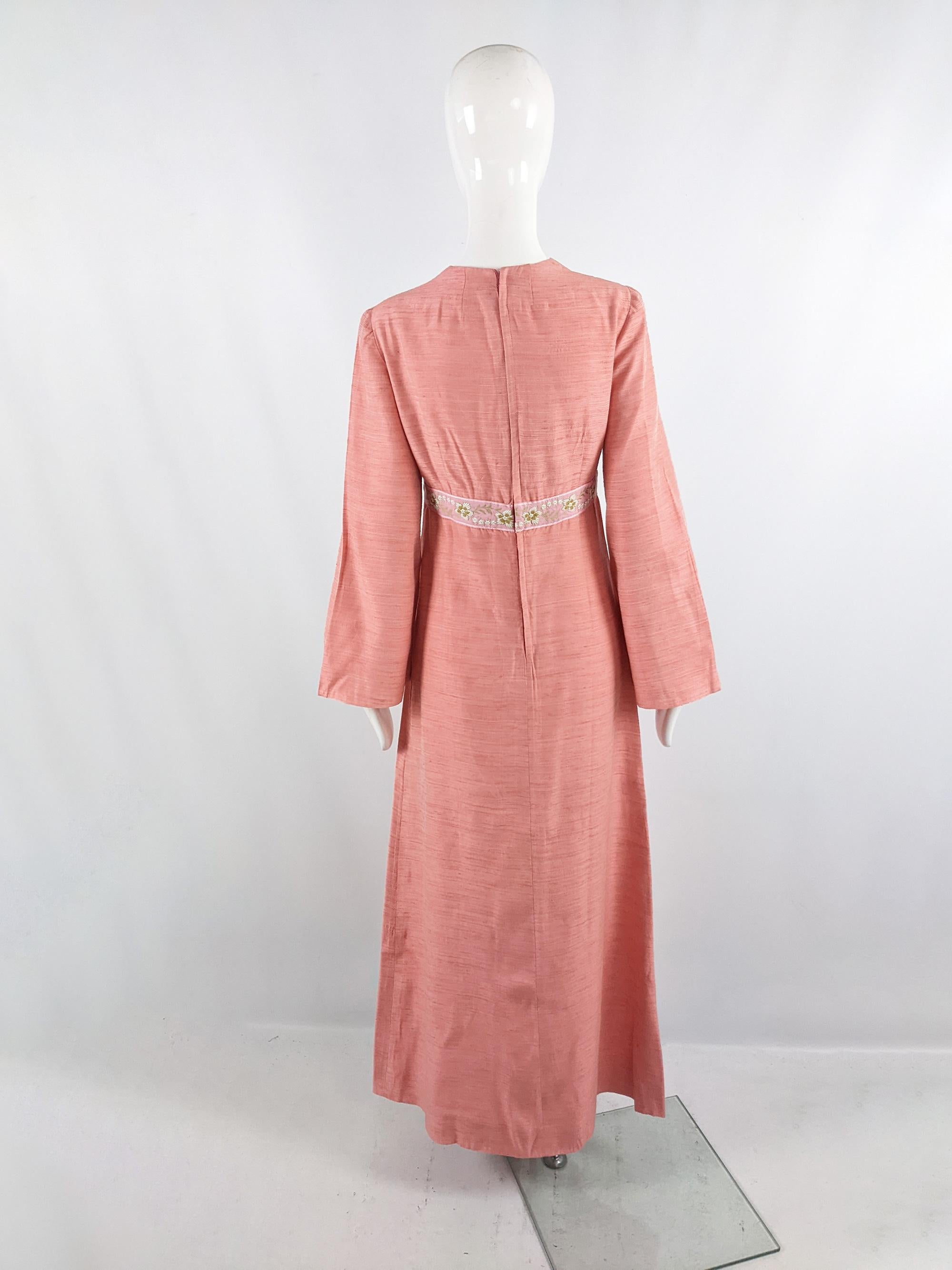 Vintage 1960s Embroidered Peach Raw Slub Silk Wide Cut Long Sleeve Maxi Dress For Sale 2