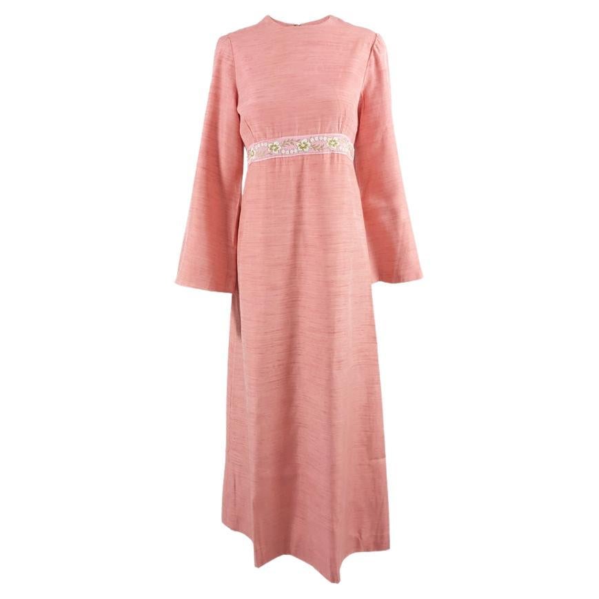 Vintage 1960s Embroidered Peach Raw Slub Silk Wide Cut Long Sleeve Maxi Dress For Sale