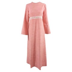 Retro 1960s Embroidered Peach Raw Slub Silk Wide Cut Long Sleeve Maxi Dress