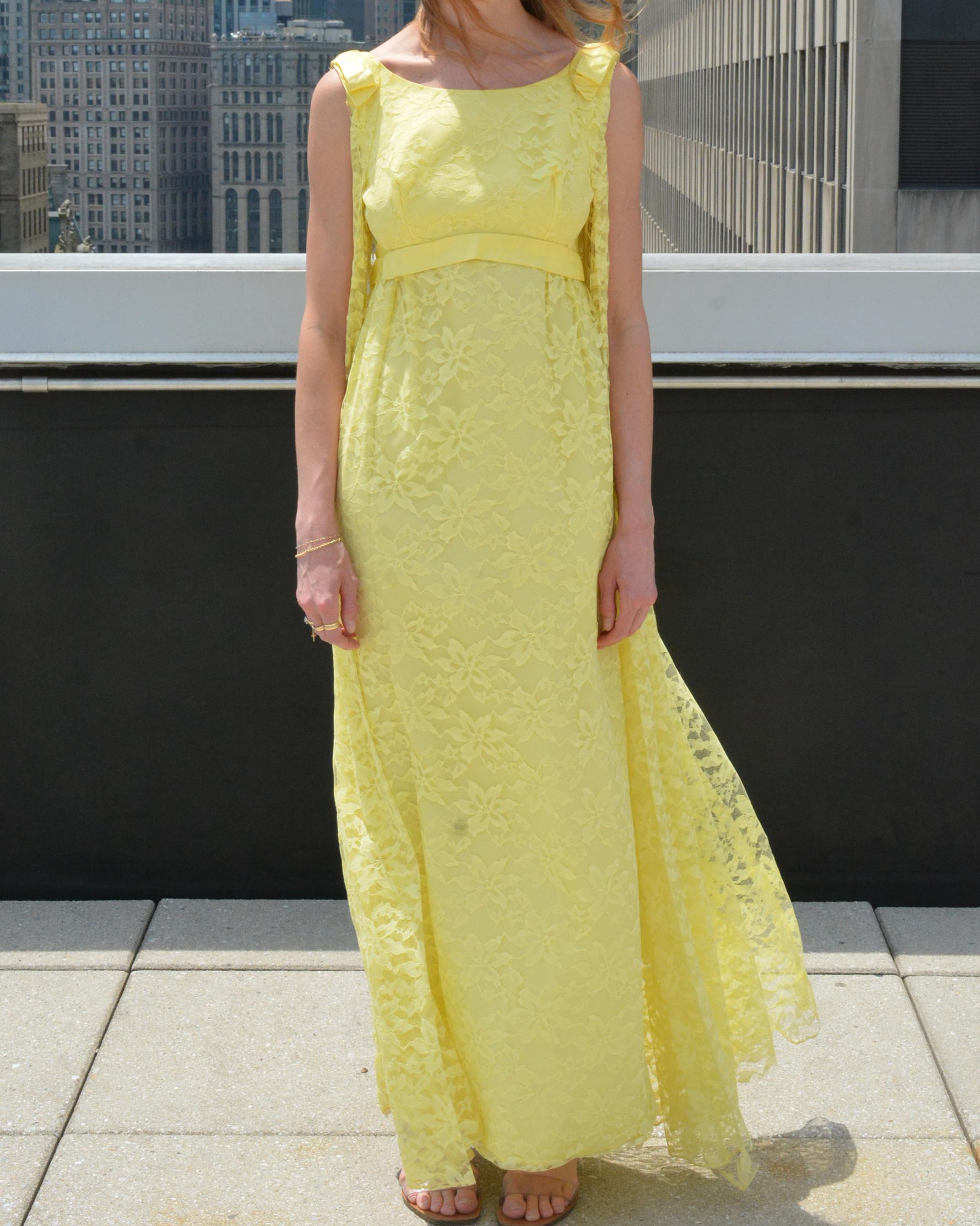 Vintage 1960s Empire Waist Lace Column Dress With Watteau Cape Back For Sale 7