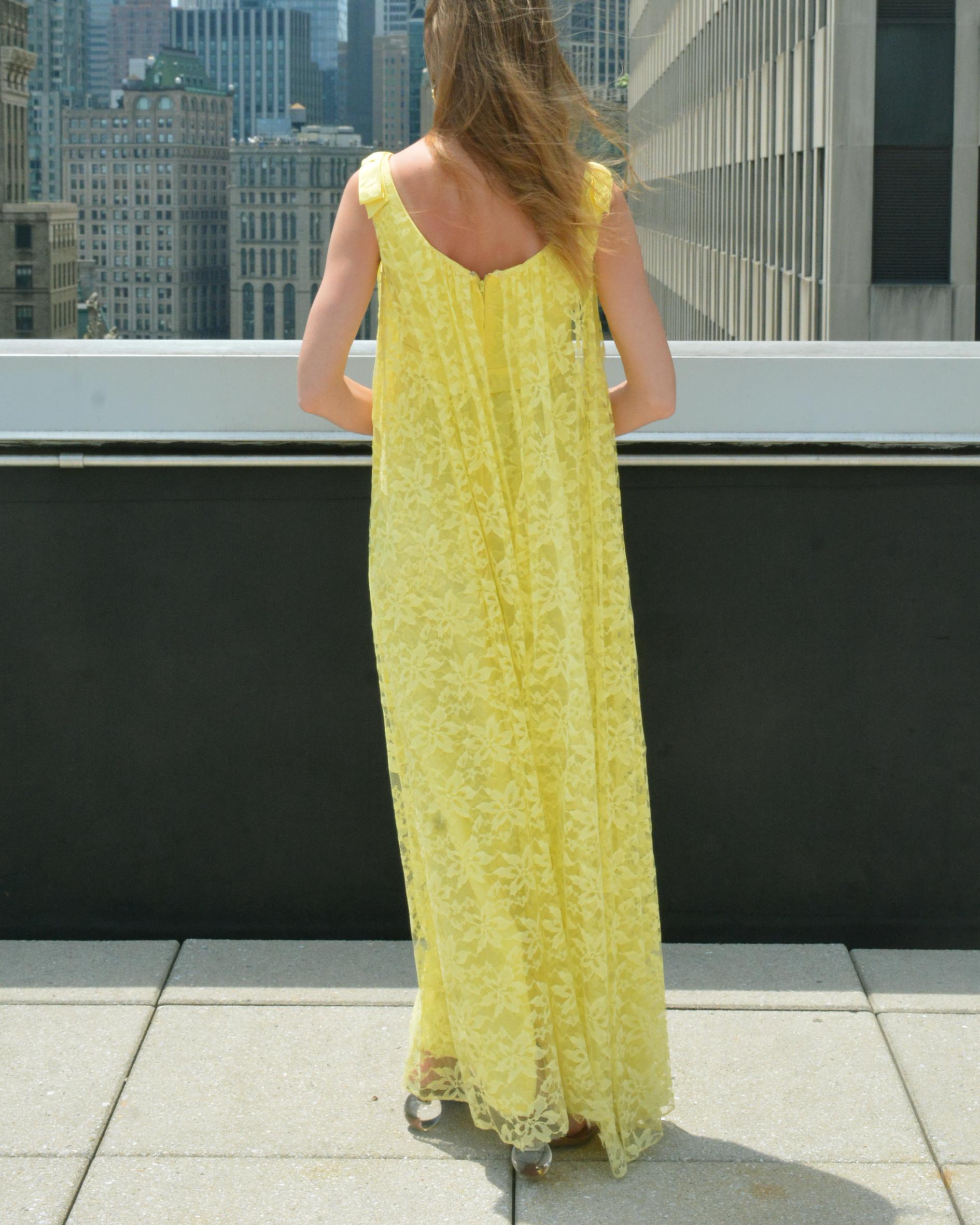 Vintage 1960s Empire Waist Lace Column Dress With Watteau Cape Back For Sale 8