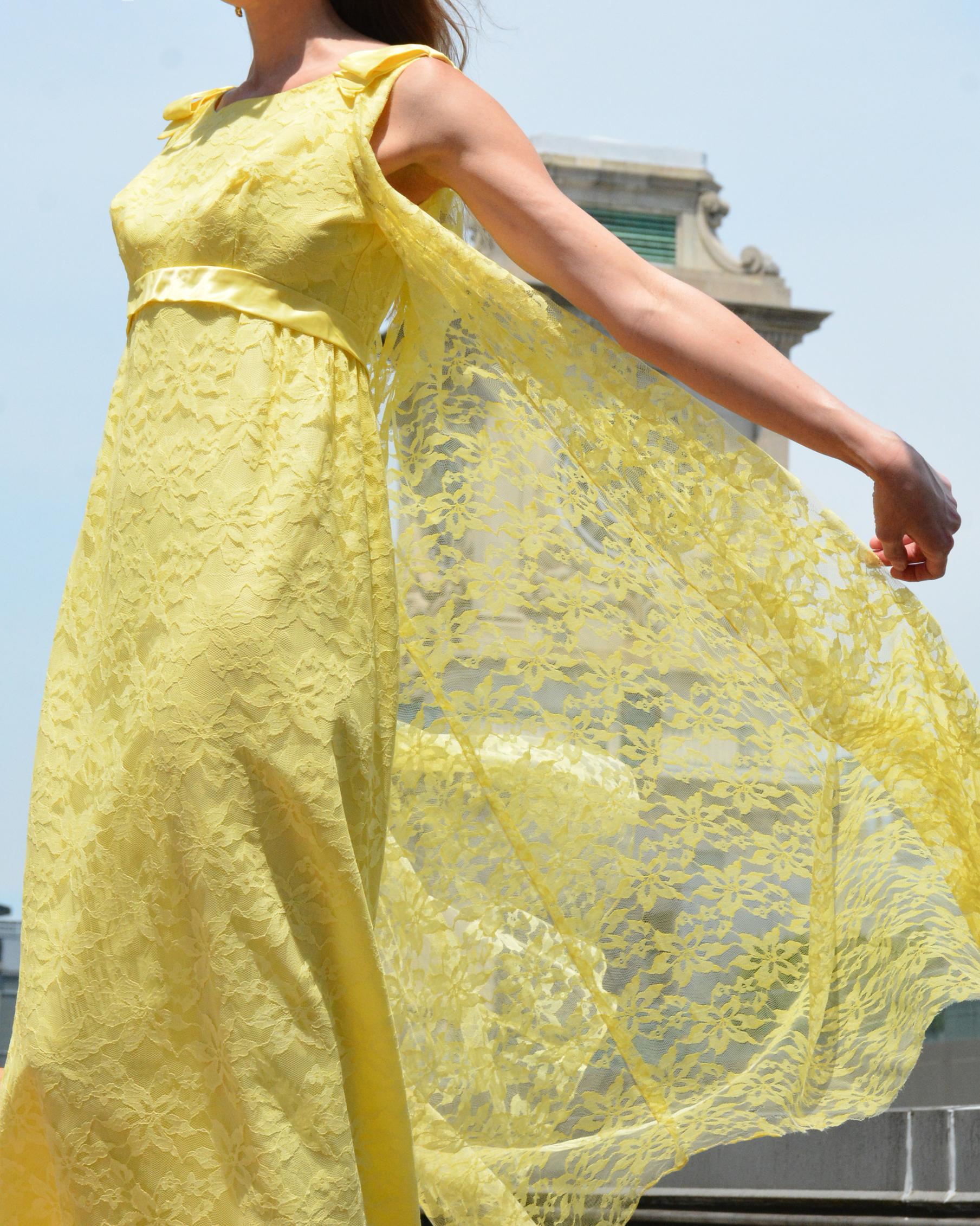 Vintage 1960s Empire Waist Lace Column Dress With Watteau Cape Back For Sale 2