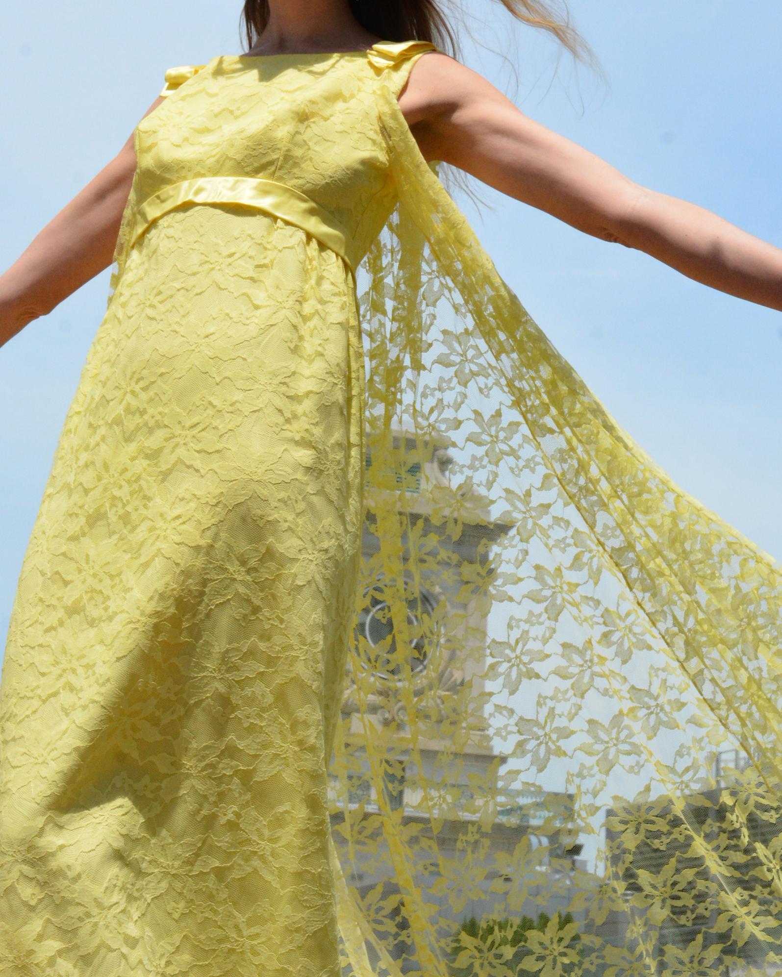 Vintage 1960s Empire Waist Lace Column Dress With Watteau Cape Back For Sale 3