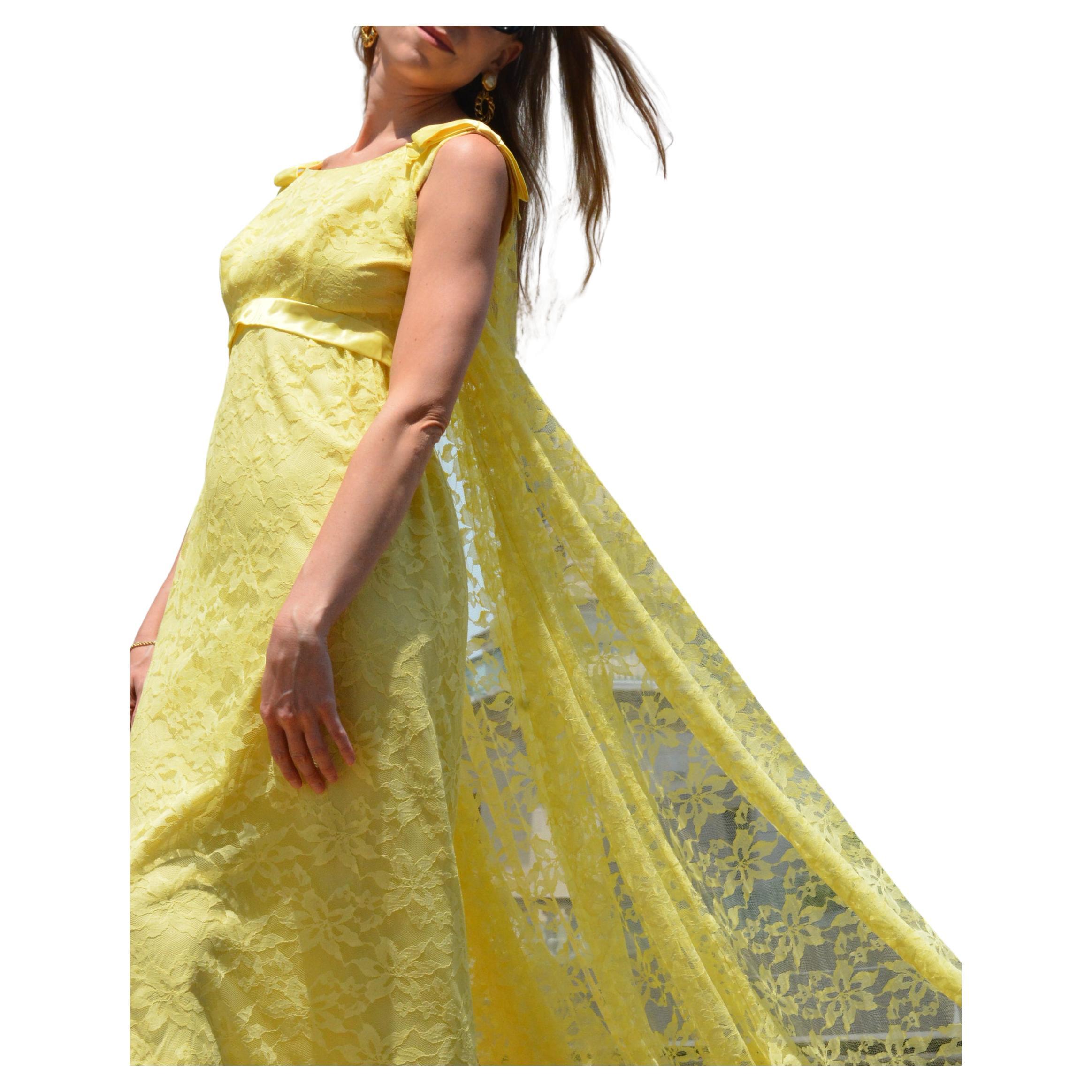 Vintage 1960s Empire Waist Lace Column Dress With Watteau Cape Back For Sale