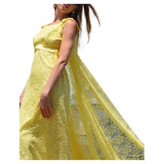 Vintage 1960s Empire Waist Lace Column Dress With Watteau Cape Back