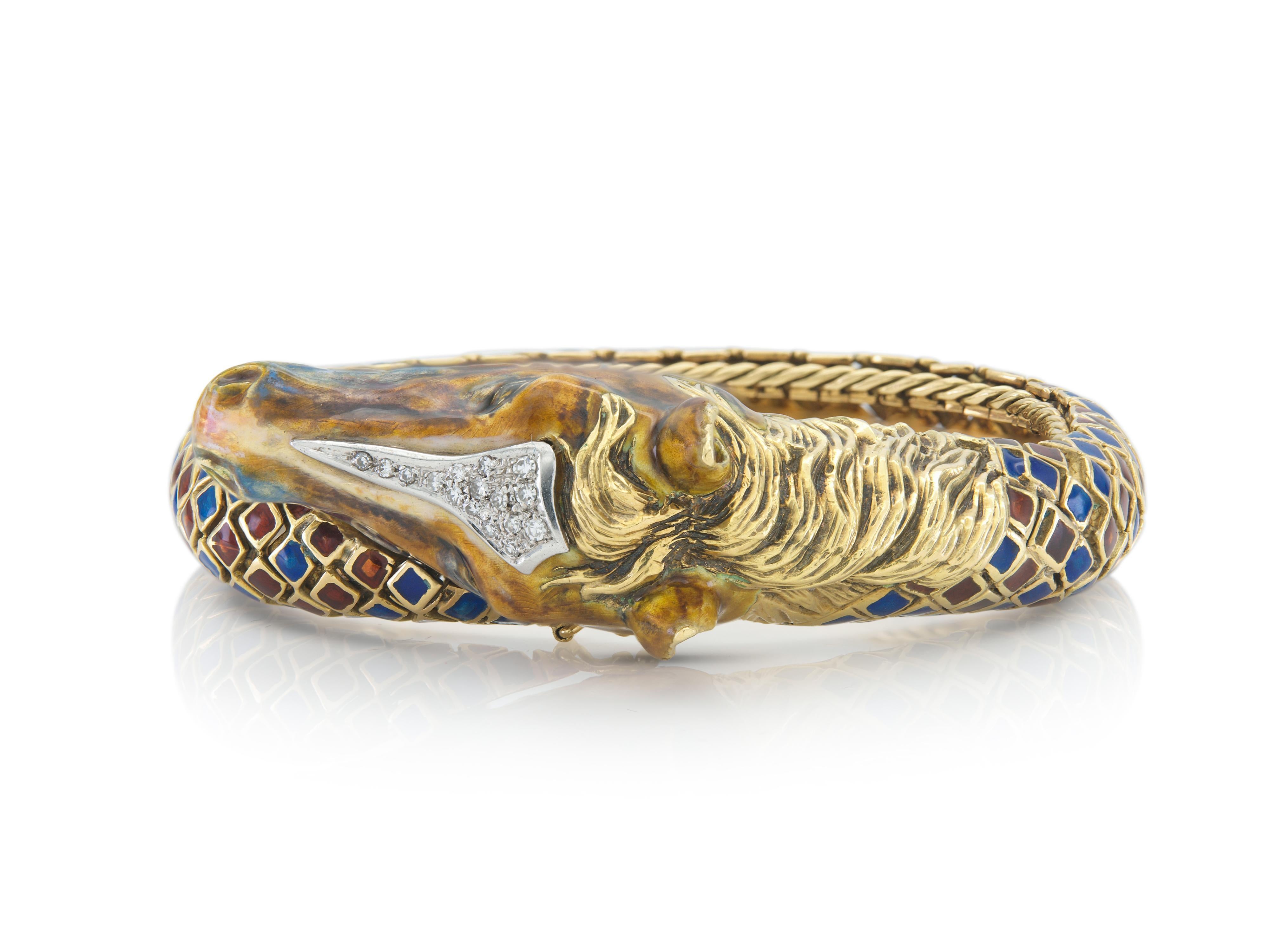 Pulsera vintage años 60 Caballo esmaltado con diamantes Corte único en venta
