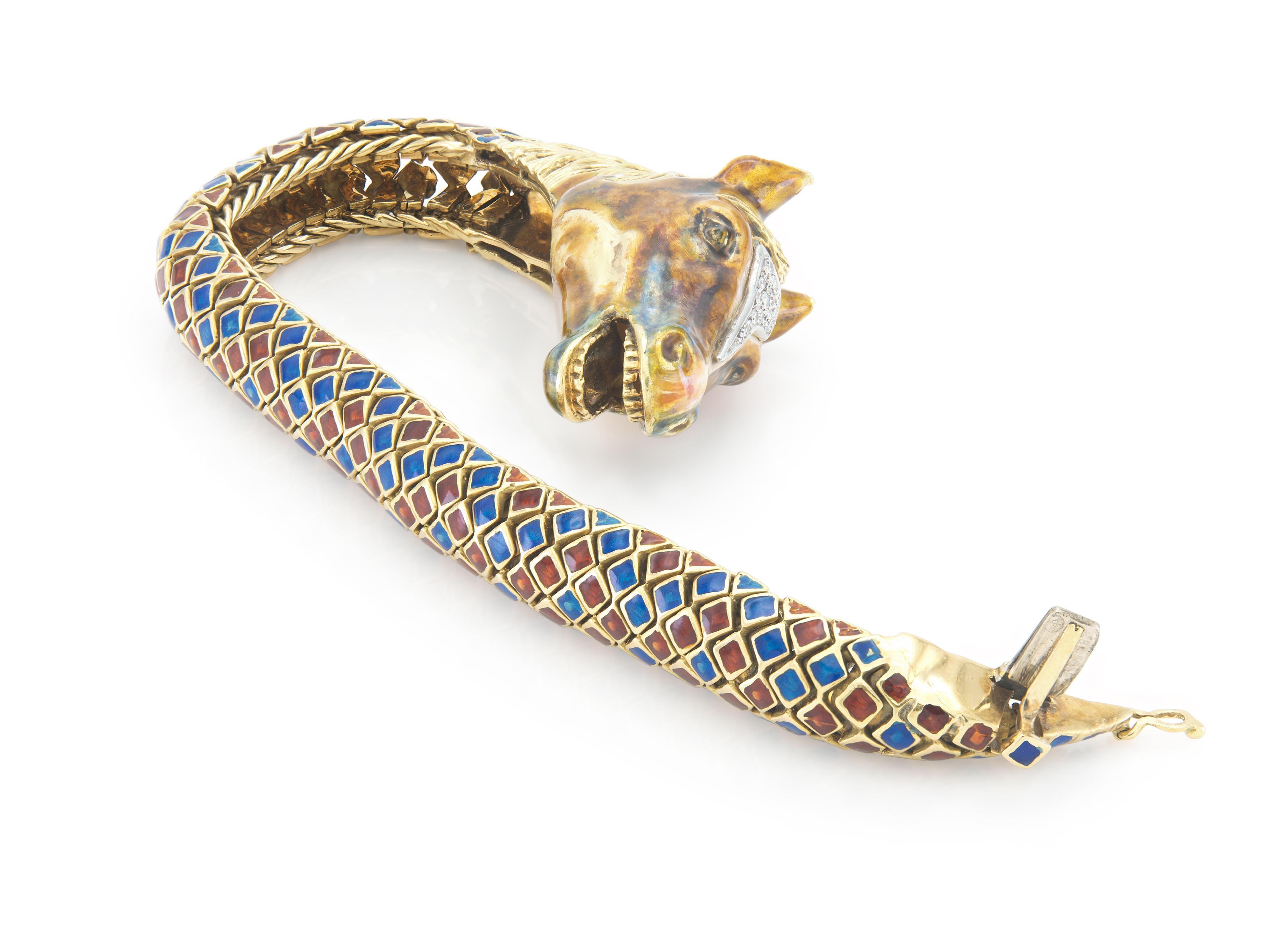 Pulsera vintage años 60 Caballo esmaltado con diamantes en Bueno estado para la venta en New York, NY