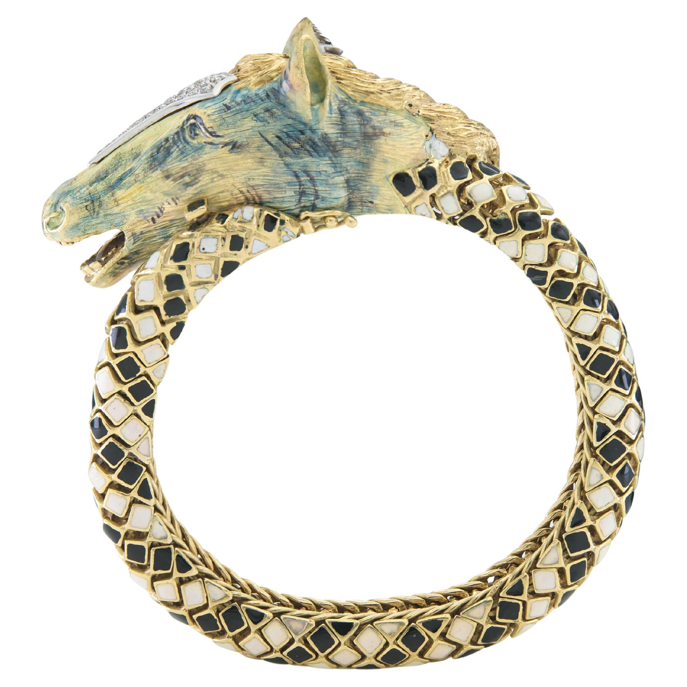 Pulsera vintage años 60 Caballo esmaltado con diamantes