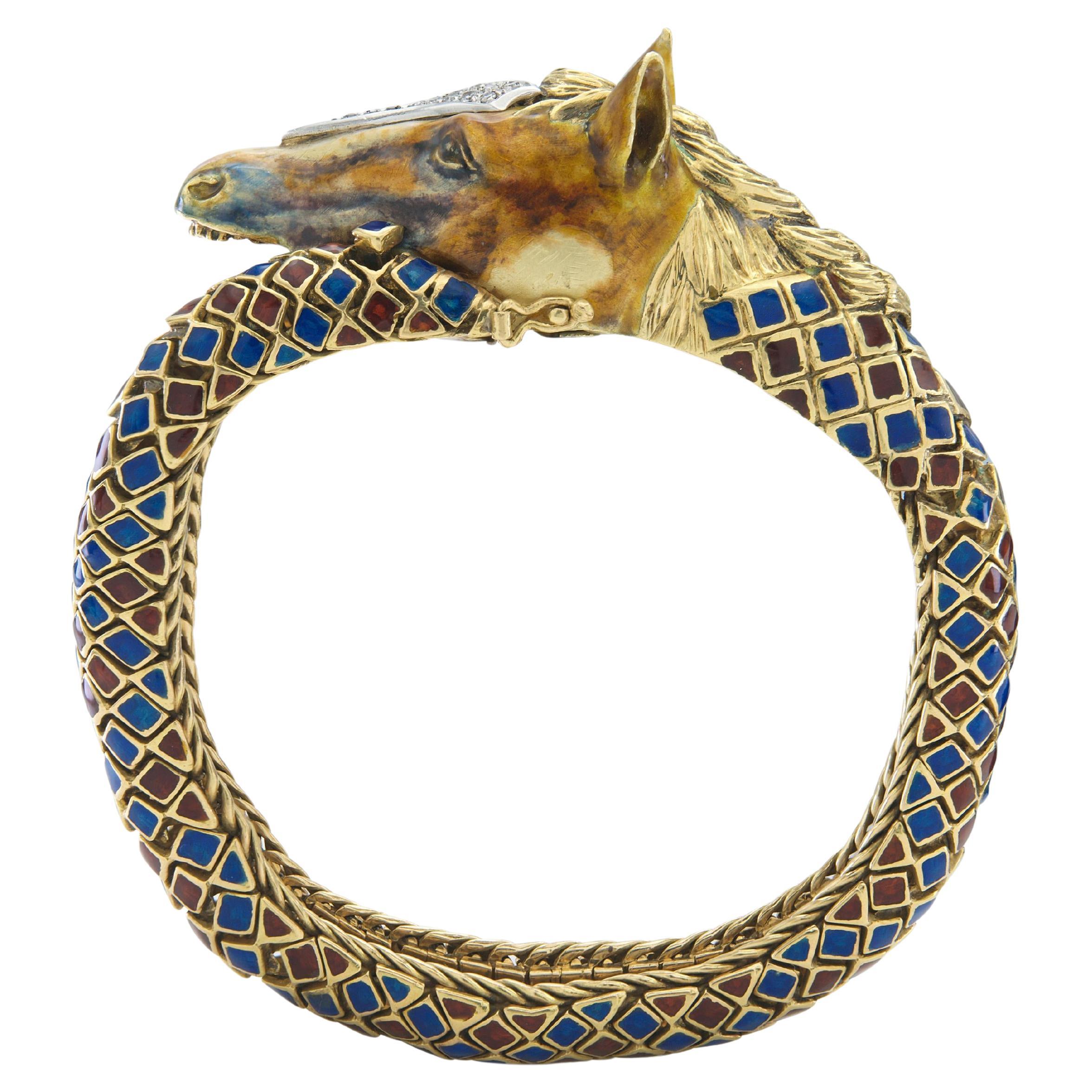 Pulsera vintage años 60 Caballo esmaltado con diamantes