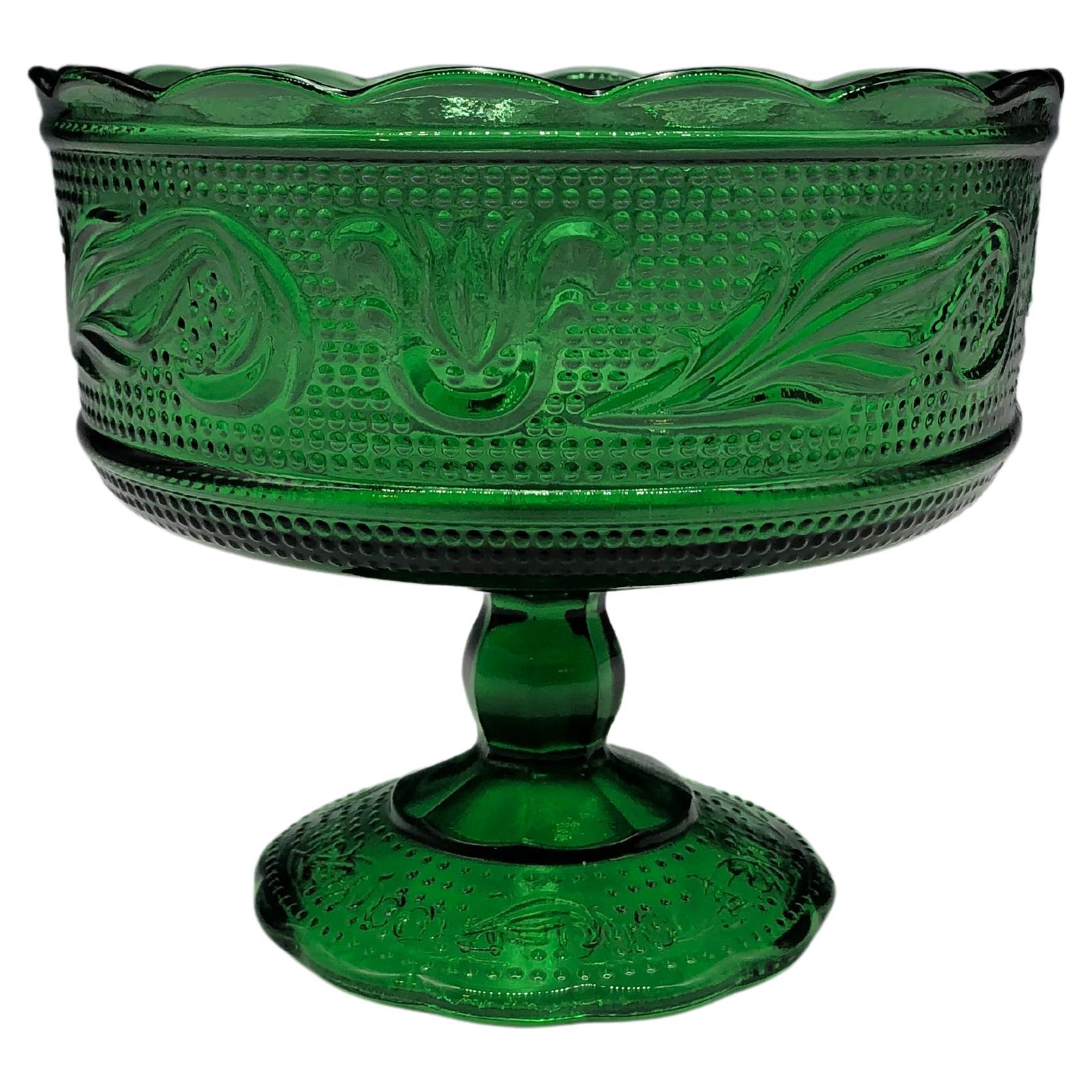 Vintage 1960s E.O Brody Co Emerald Green Pressed Glass Candy / Compote Dish  For Sale