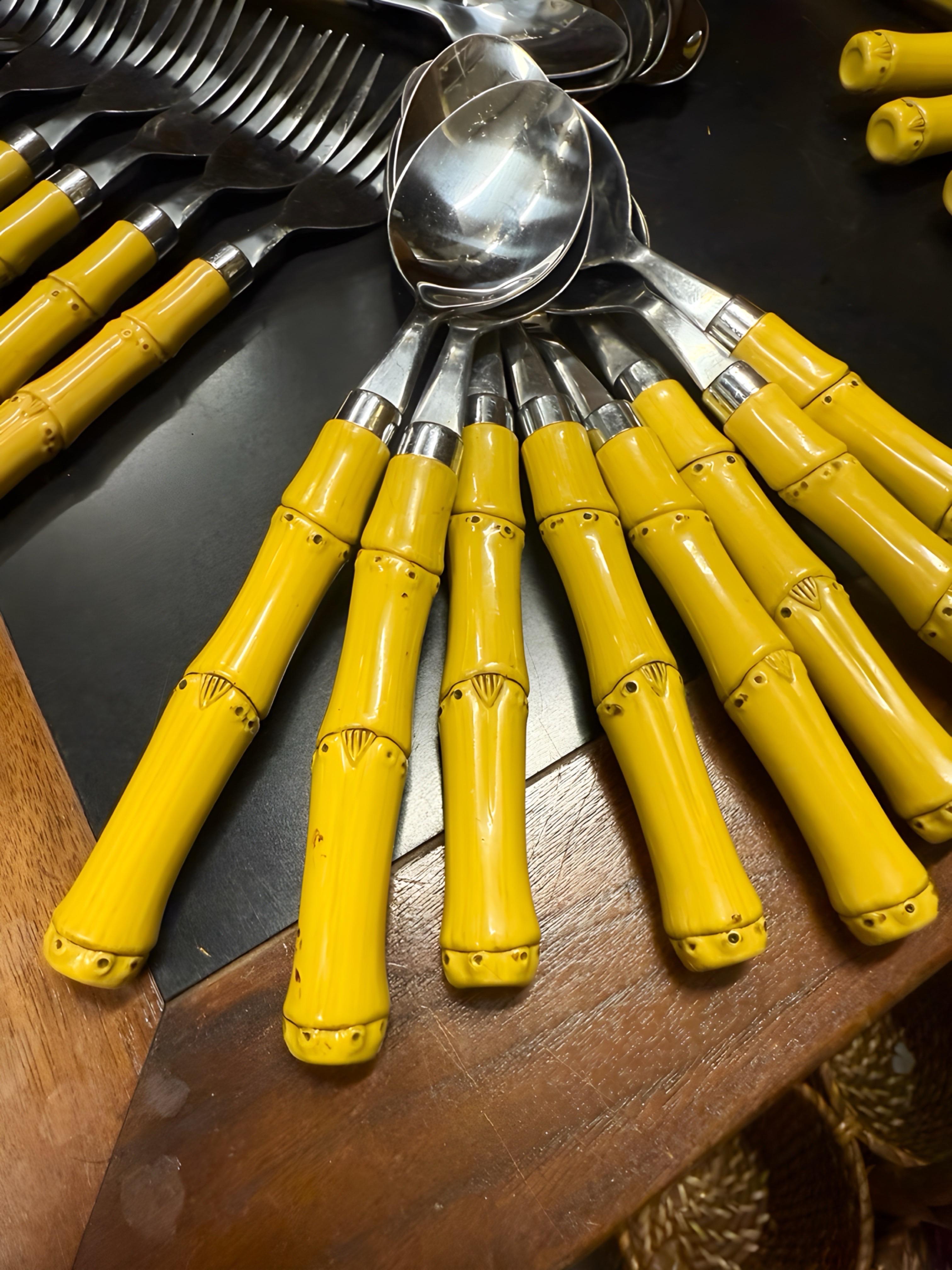 Hollywood Regency Vintage 1960’s Faux Bamboo Handle Flatware, Service for 8 - 44 Pieces