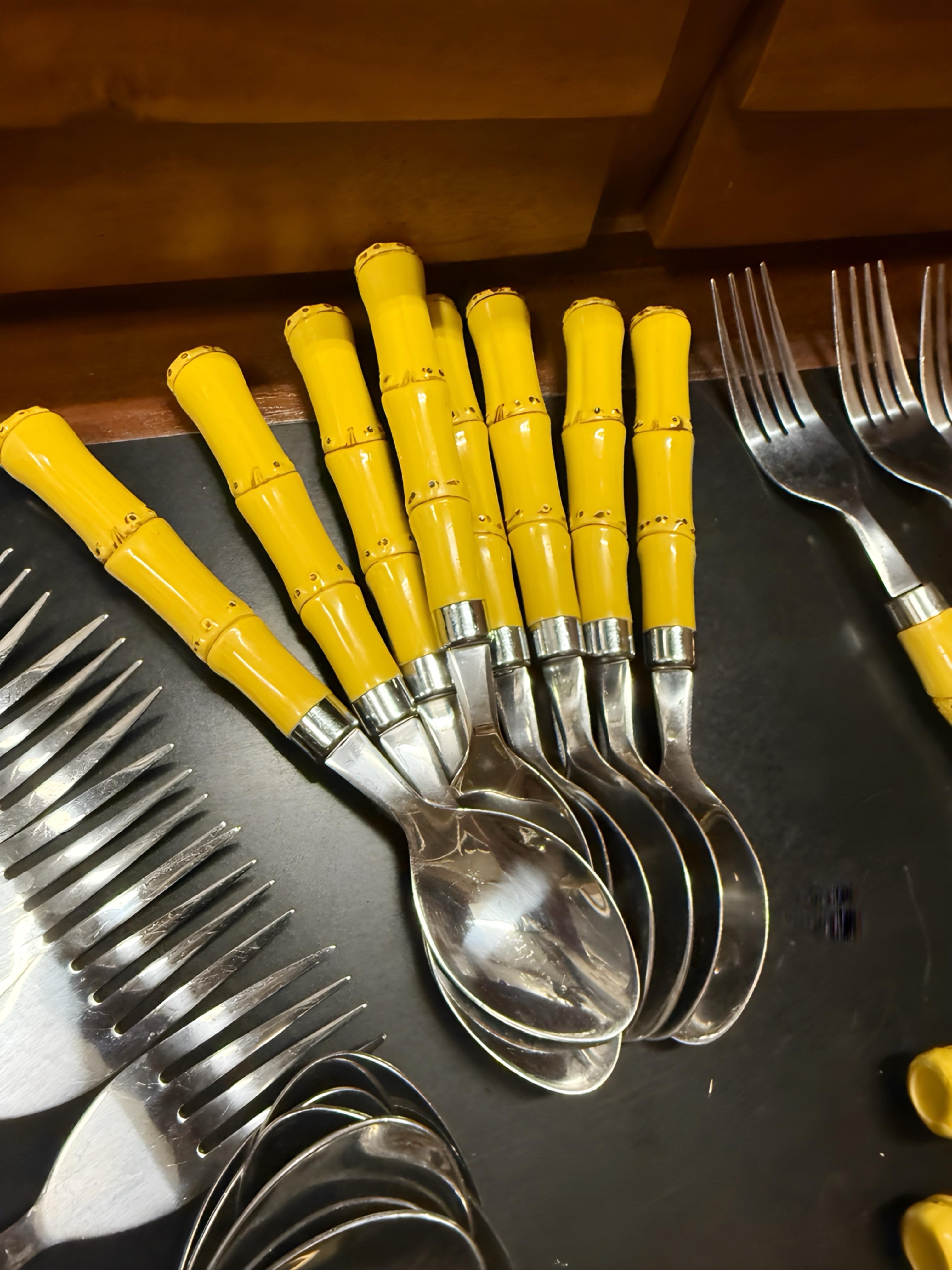 Unknown Vintage 1960’s Faux Bamboo Handle Flatware, Service for 8 - 44 Pieces
