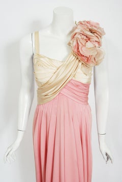 Vintage 1960s Rare Film-Worn Pink Silk & Ivory Satin Floral Appliqué Draped Gown