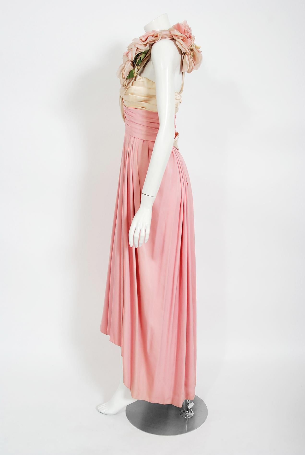 Women's Vintage 1960s Rare Film-Worn Pink Silk & Ivory Satin Floral Appliqué Draped Gown For Sale