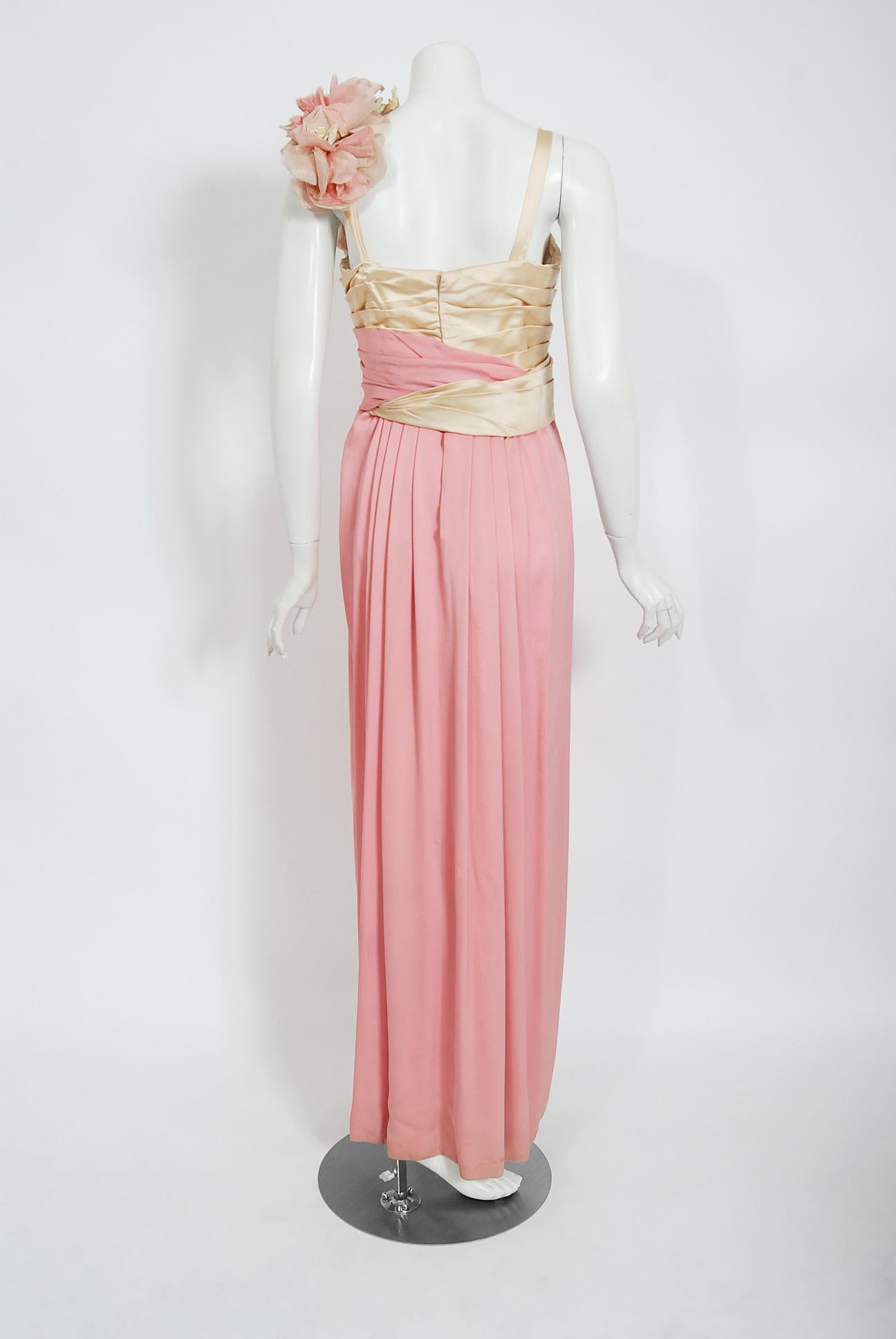 Vintage 1960s Rare Film-Worn Pink Silk & Ivory Satin Floral Appliqué Draped Gown For Sale 1