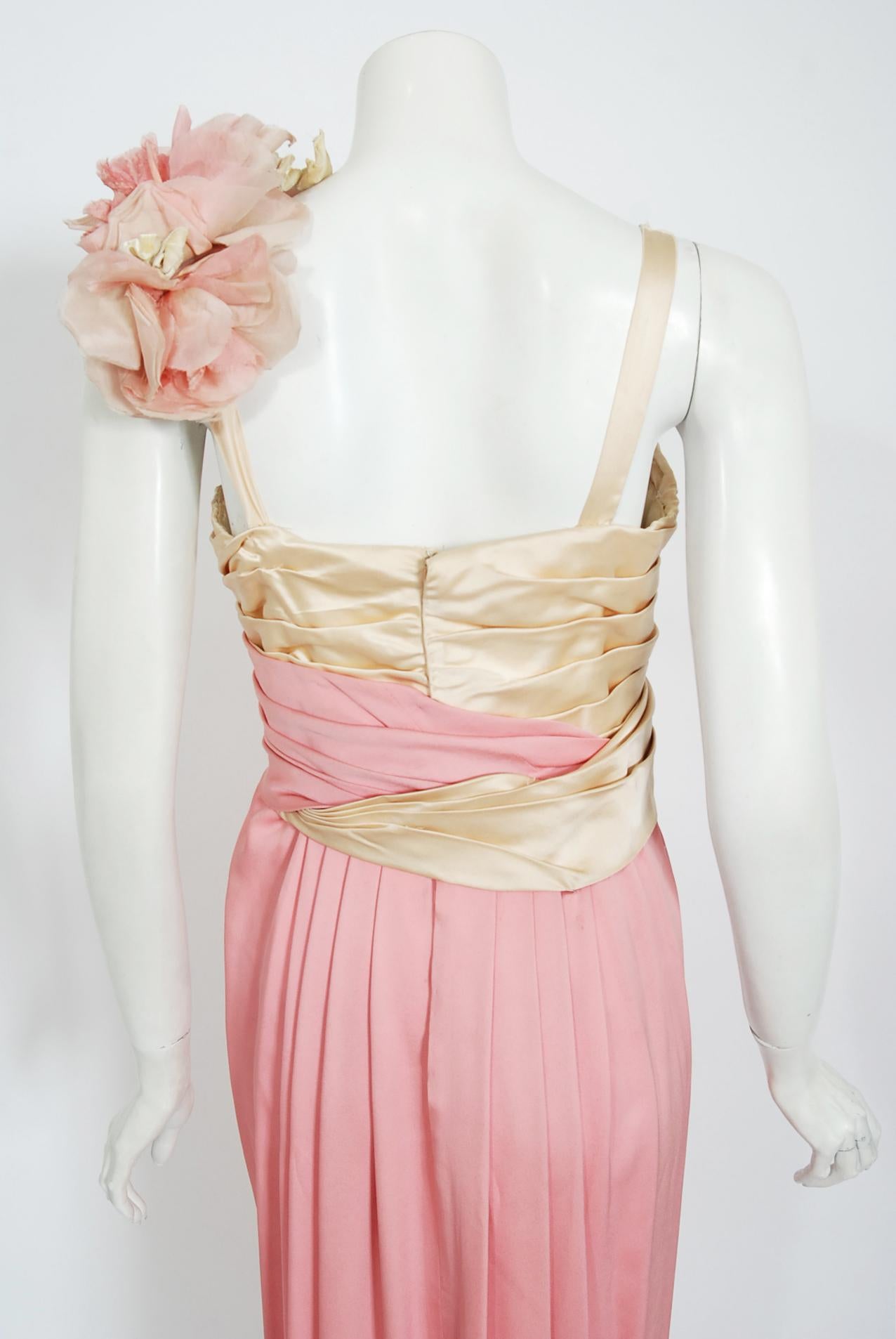 Vintage 1960s Rare Film-Worn Pink Silk & Ivory Satin Floral Appliqué Draped Gown For Sale 2