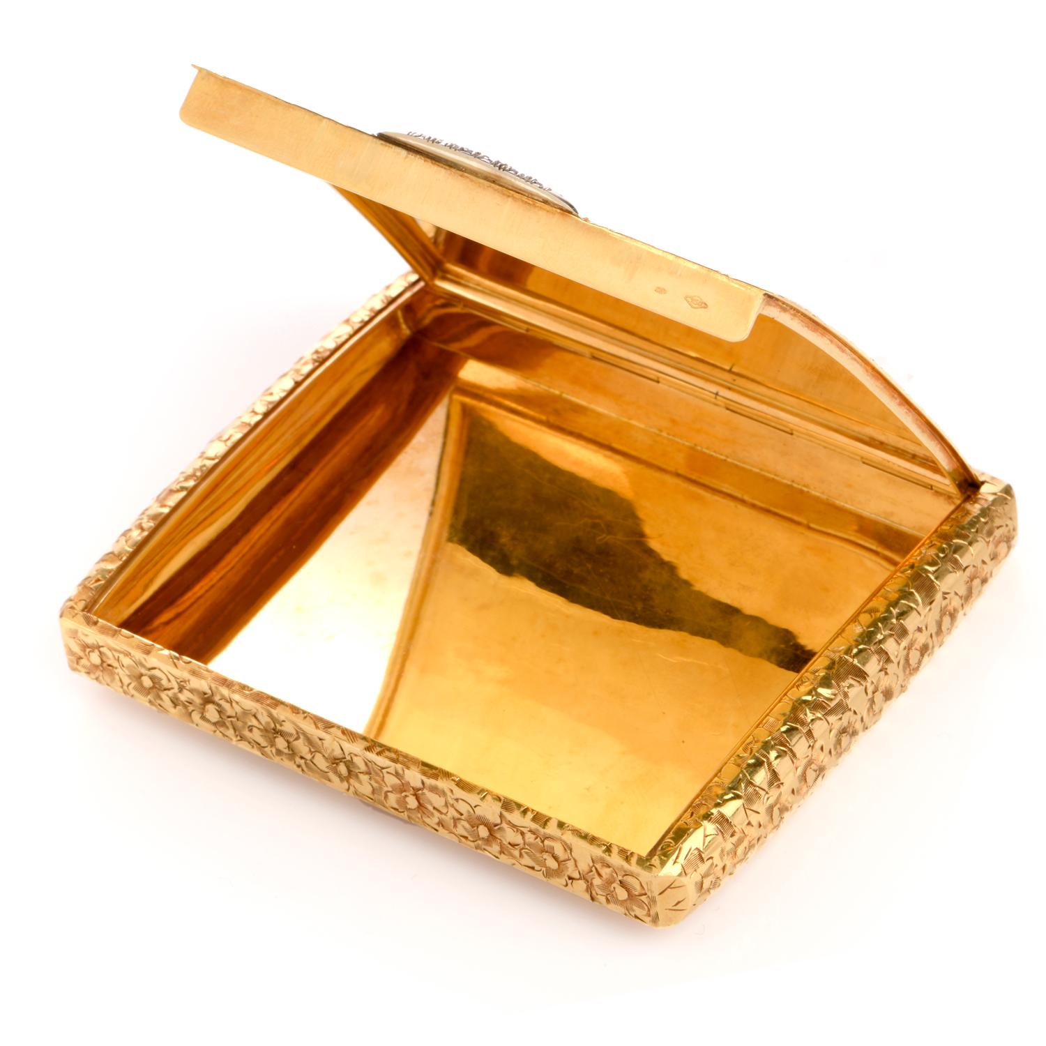 This vintage 1960's floral diamond compact box is crafted in solid 18-karat yellow gold it can be used to store your bussines cards or you pills, weighing 100.5 grams and measuring 3.50