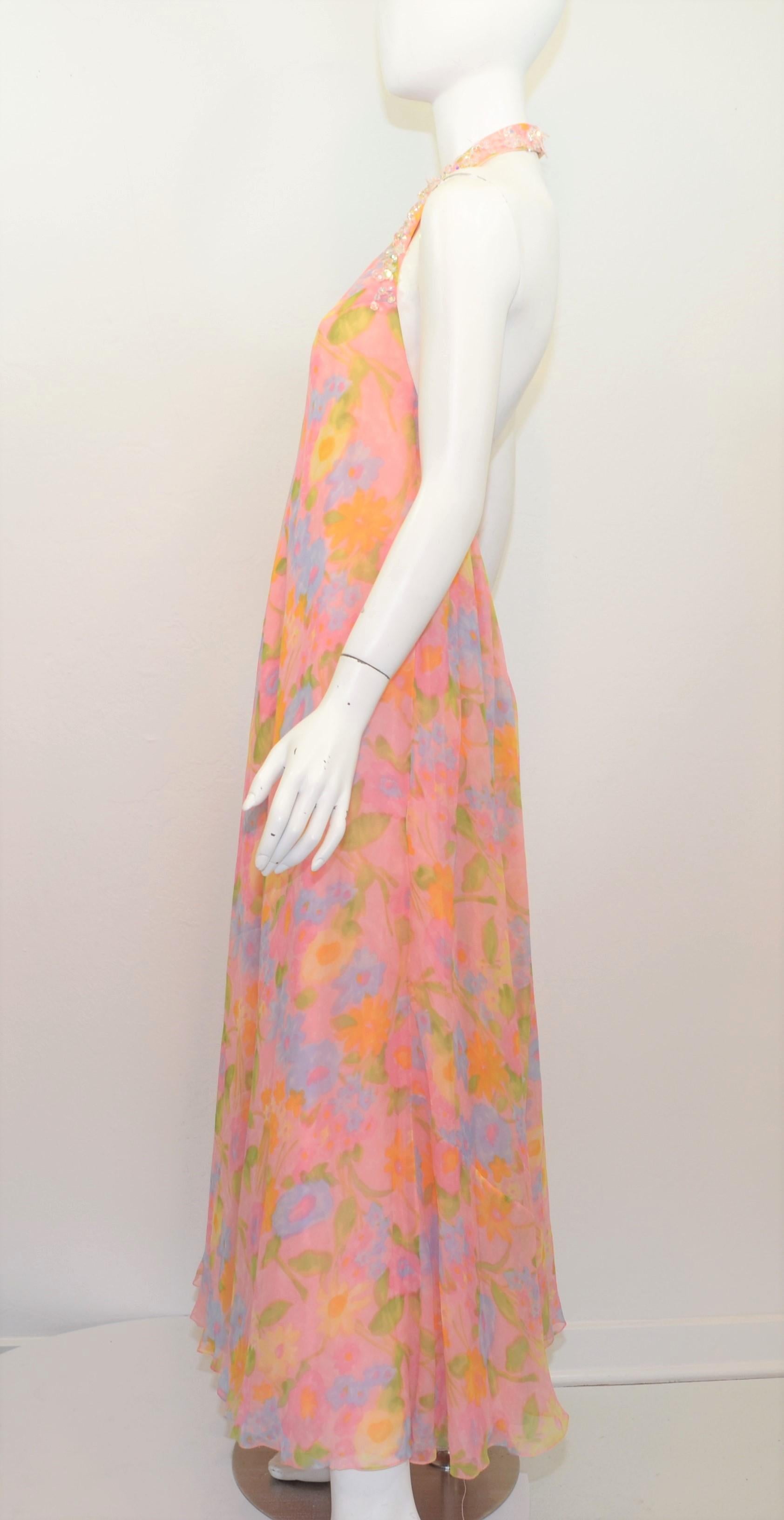 Beige Vintage 1960's Floral Print Chiffon Halter Gown For Sale