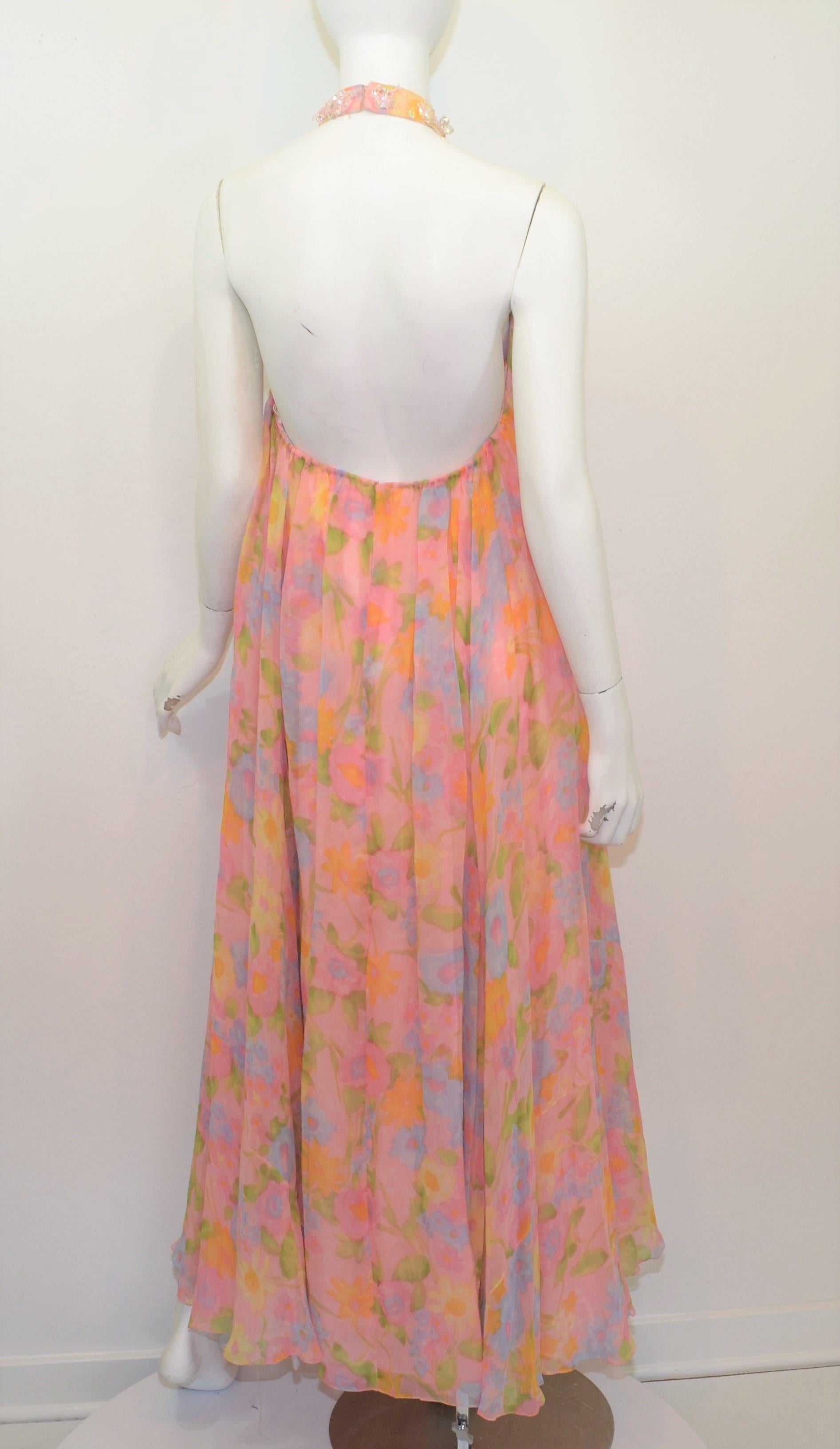 Vintage 1960's Floral Print Chiffon Halter Gown In Excellent Condition For Sale In Carmel, CA