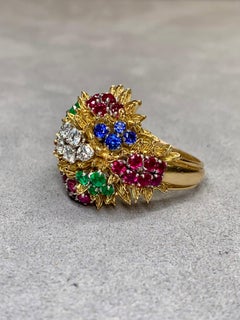 Vintage 1960’s French 18K Ruby Sapphire & Diamond Floral Bouquet Cocktail Ring