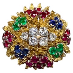 Vintage 1960’s French 18K Ruby Sapphire & Diamond Floral Bouquet Cocktail Ring