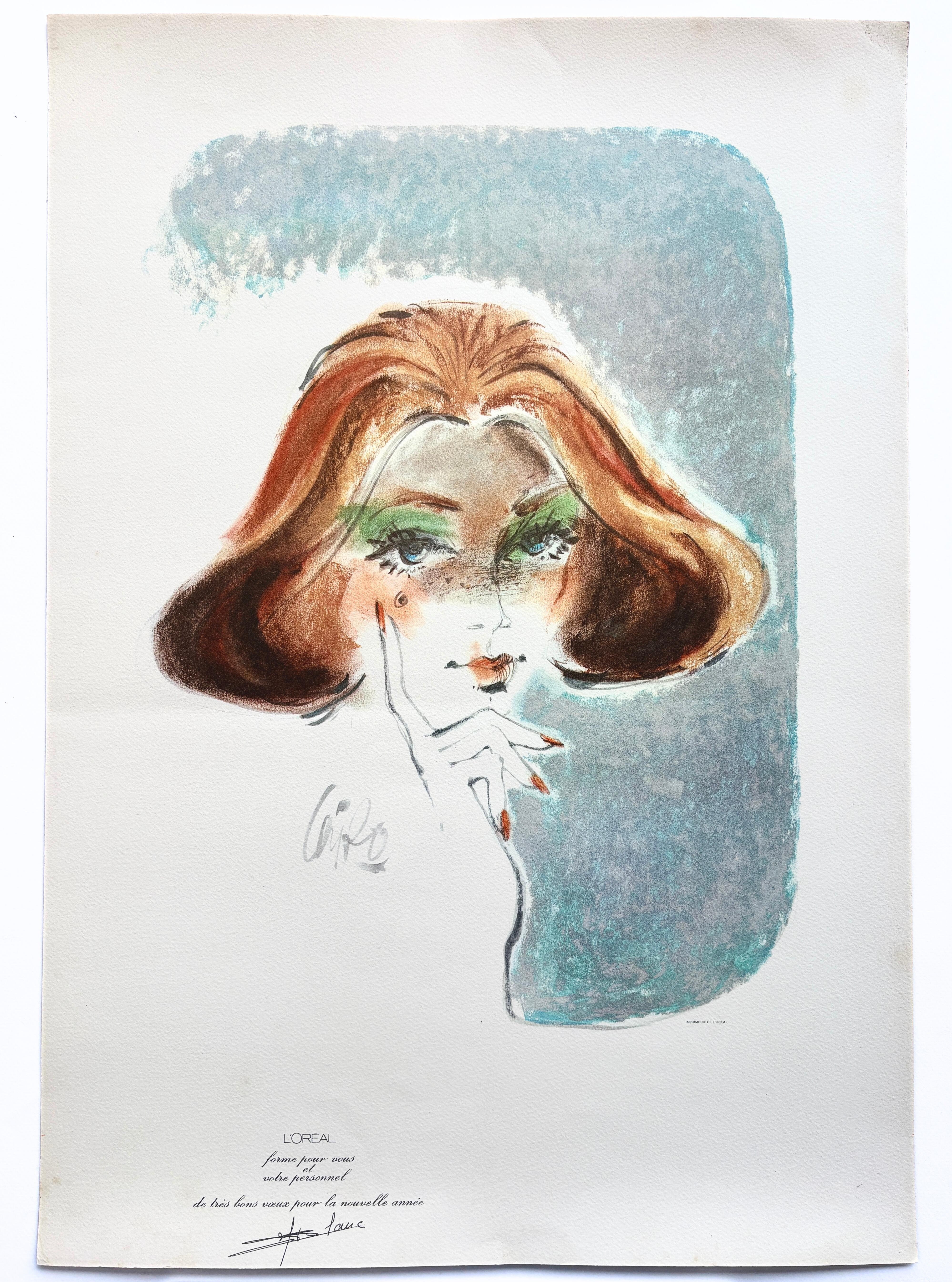 Un manifesto pubblicitario originale creato per l'azienda cosmetica francese L'Oréal, disegnato da Yves Delfault alias 