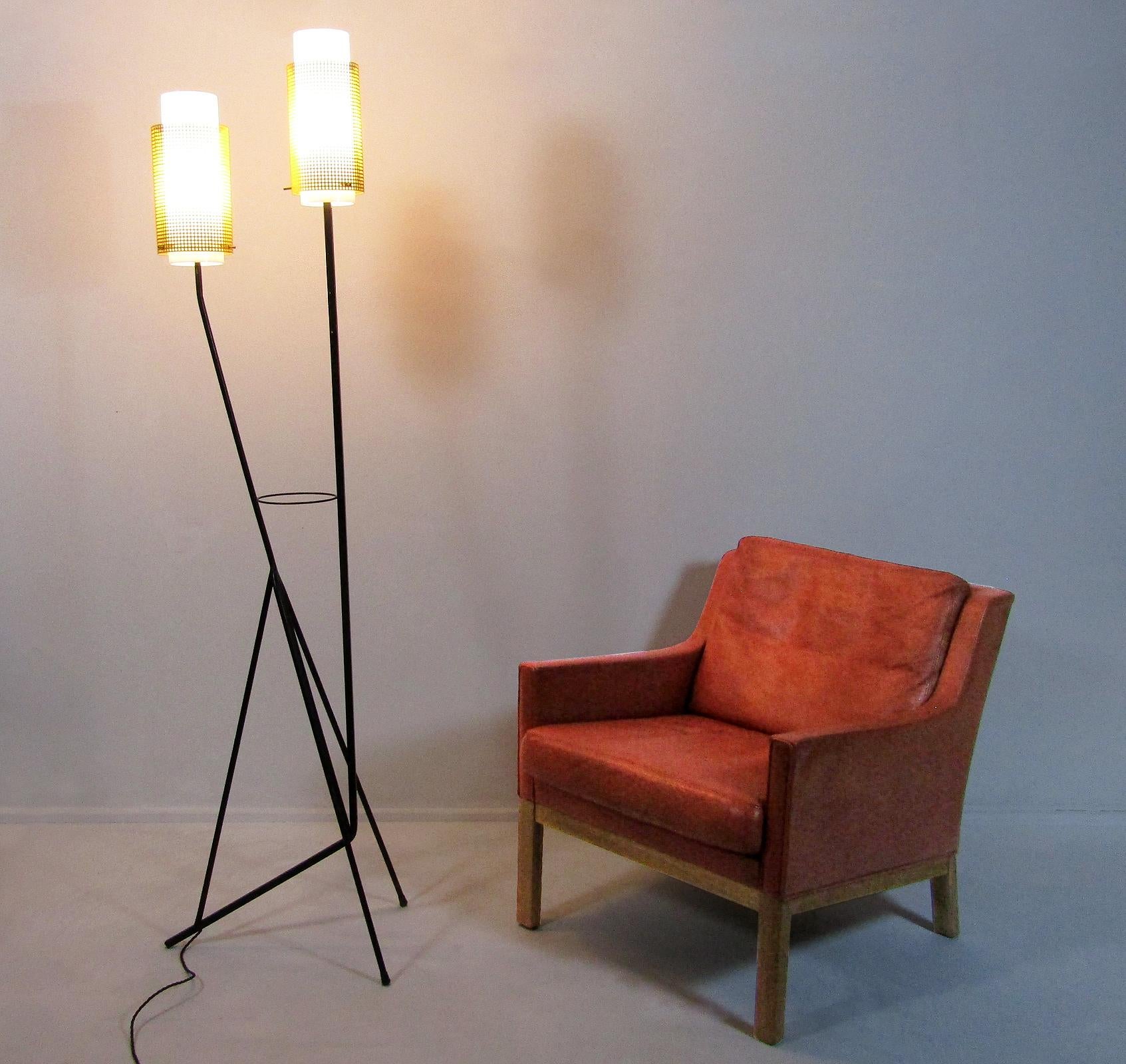 A tall 1960s French modernist floor lamp, attributed to Mathieu Mategot.

In perspex and perforated steel, this sleek double light evokes a pair of lovers embracing. It emits a warm, dispersed light over a wide area.

It is in very good working
