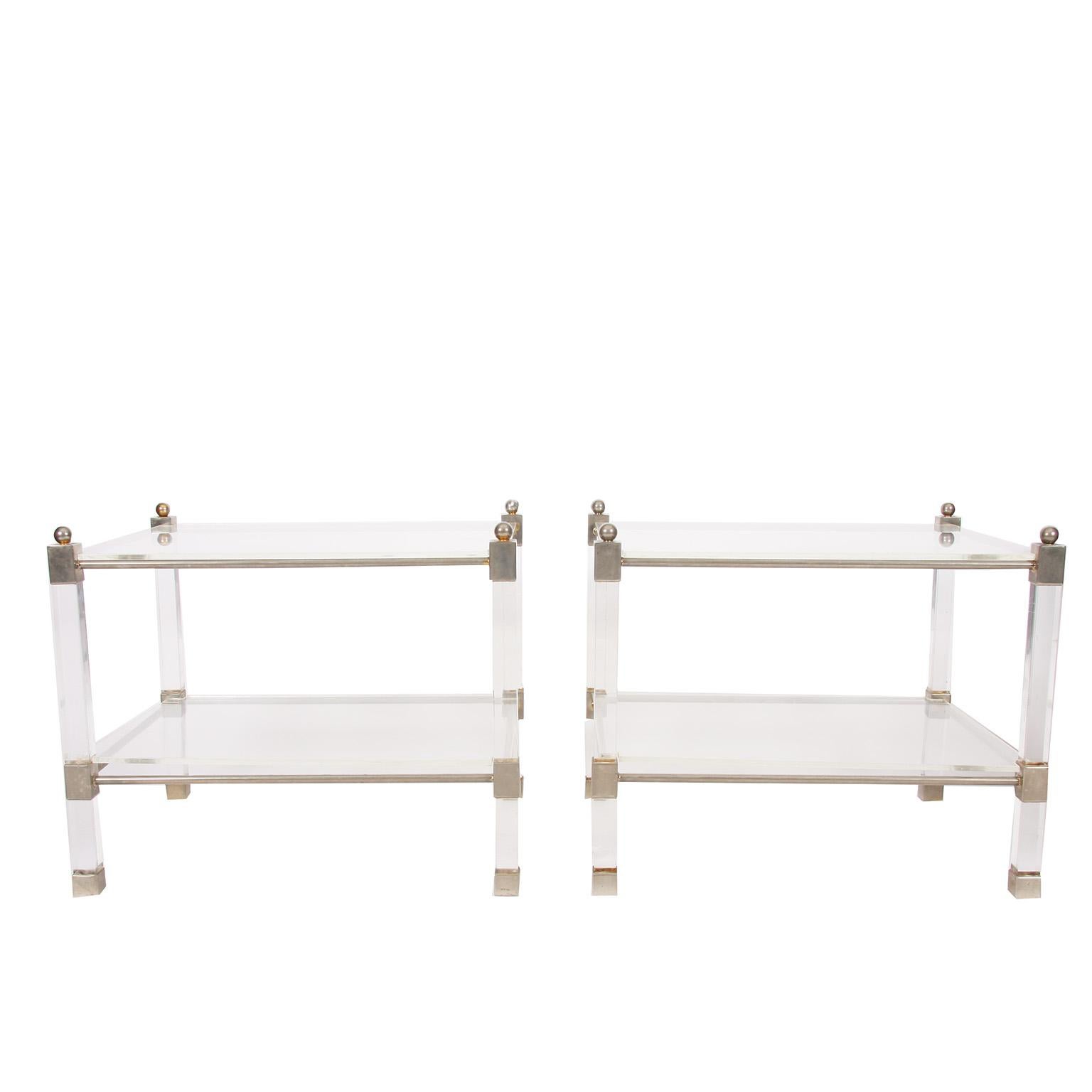 French, 1960s

A cool pair of two-tier, nickel and Lucite, side tables or coffee tables.