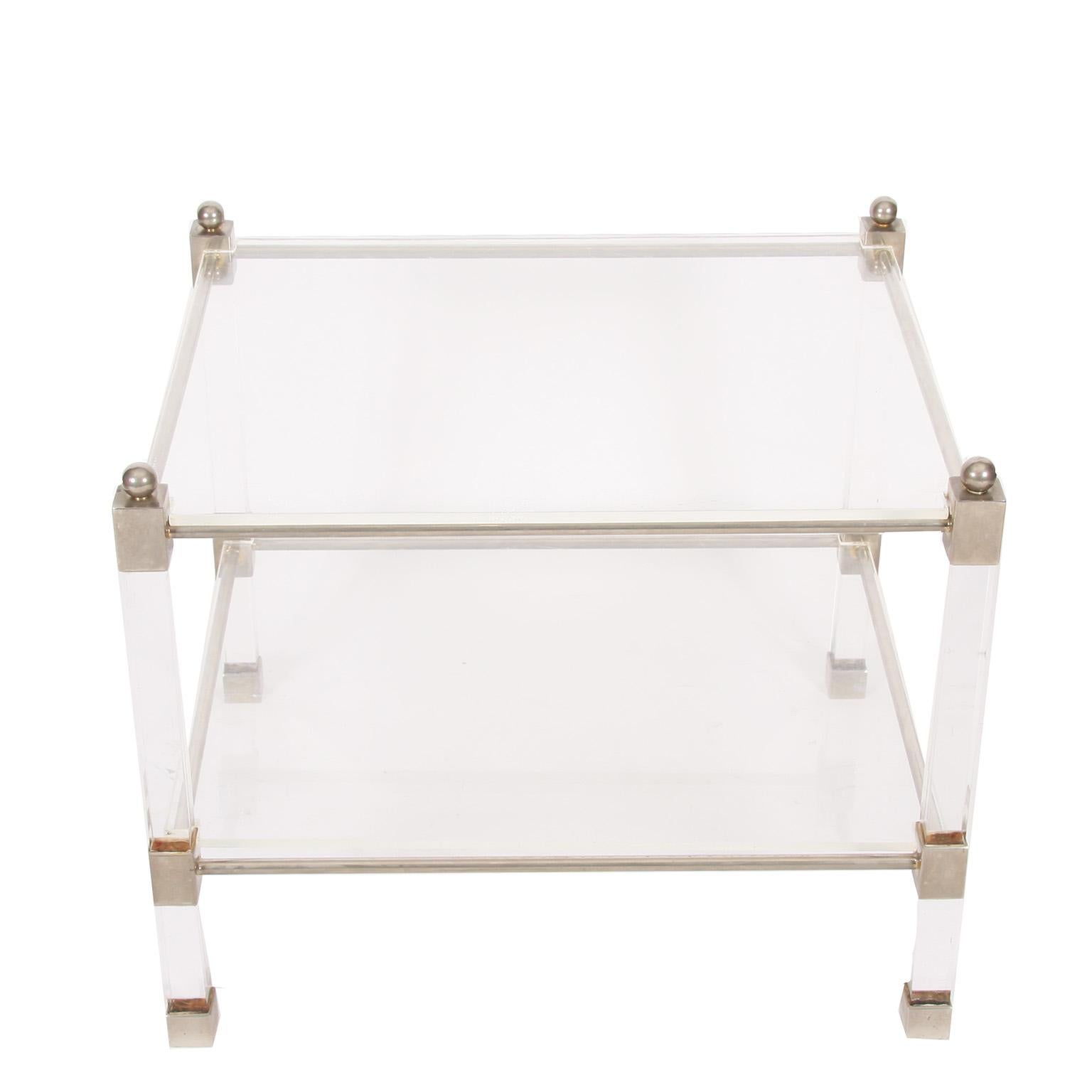 Vintage 1960s French Pair of Two-Tier Lucite and Nickel Side Tables In Good Condition For Sale In London, GB